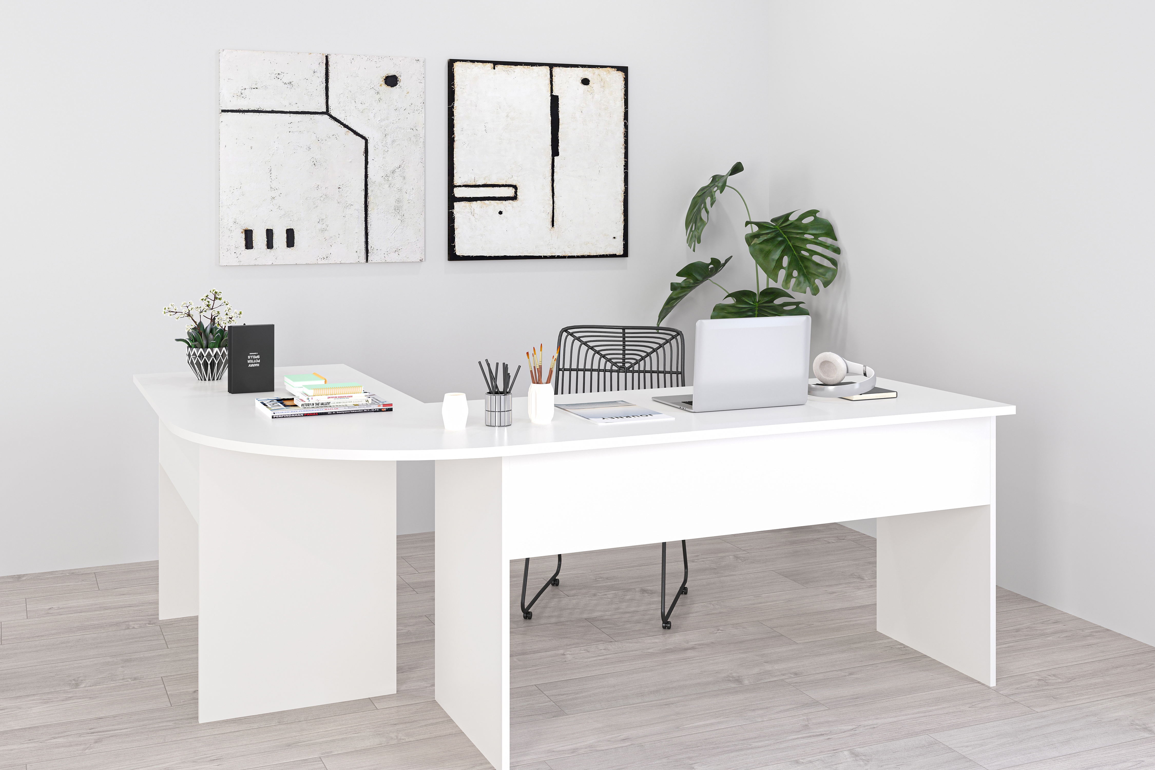 Eckschreibtisch FMD "Tiell", weiß, B:205cm H:76cm T:155cm, Tische, Winkel Schreibtisch, Bürotisch, beidseitig montierbar, 205/155 cm