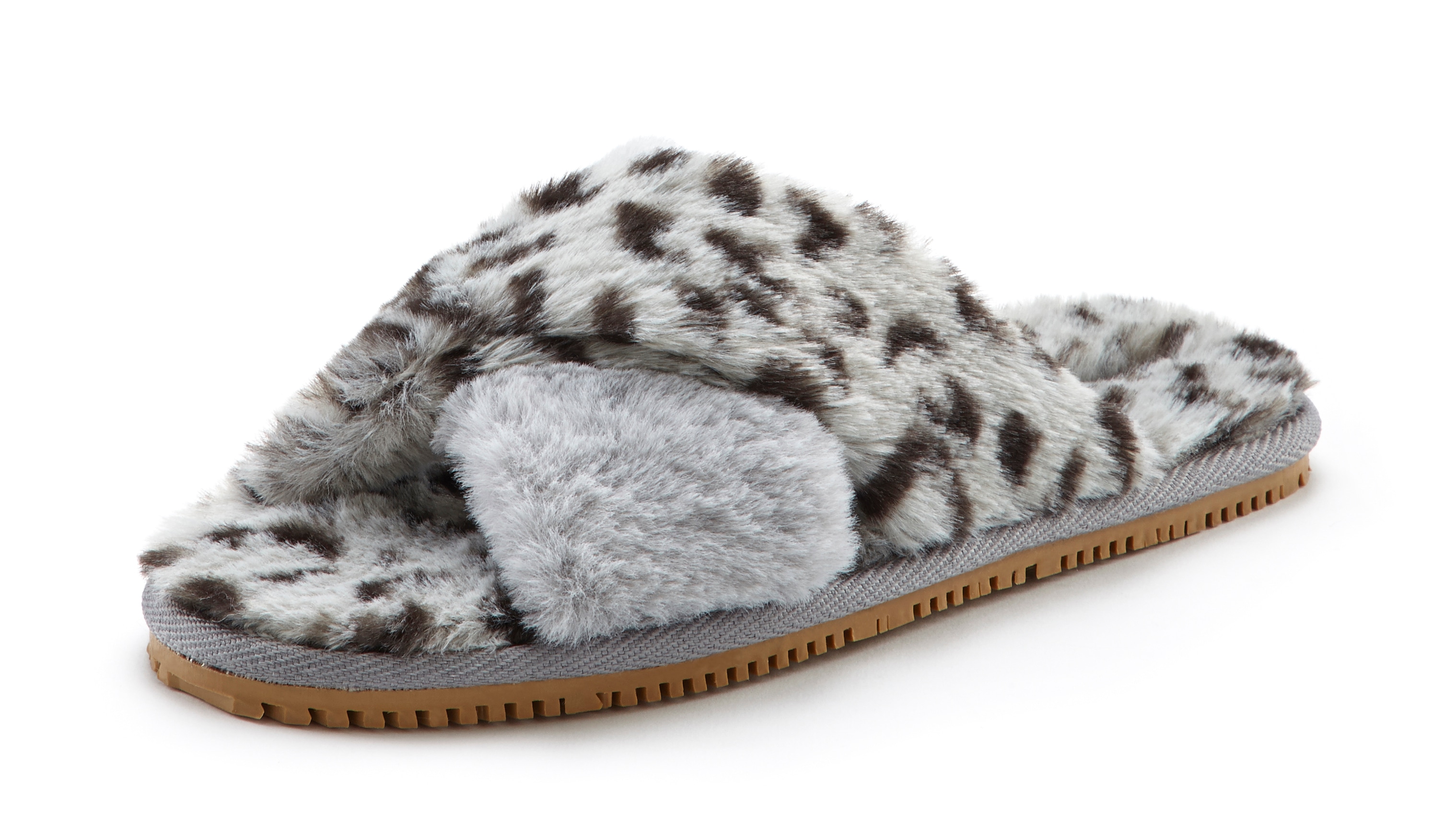 Hausschuh LASCANA "Mule, Sandale, offener Schuh, Pantolette, Pantoffel", Damen, Gr. 41, grau (grau, leo), Obermaterial: 100% Textilmaterial. Futter: 100% Textilmaterial. Decksohle: 100% Textilmaterial. Laufsohle: 100% Synthetik, animal-print, Schuhe...