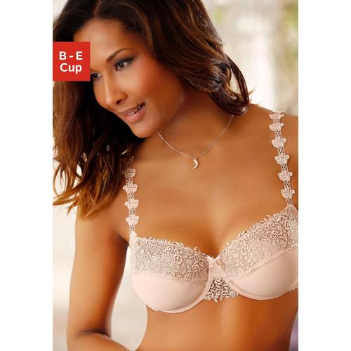 Bügel-BH NUANCE Gr. 75, Cup E, beige (puder) Damen BHs BH Bügel-BH Dirndl-BH Hochzeitsdessous Hochzeitswäsche Spitzen-BH Spitzenwäsche Balconette-BH Trachtenwäsche mit schöner Stickereispitze am Obercup und den Trägern, Dessous