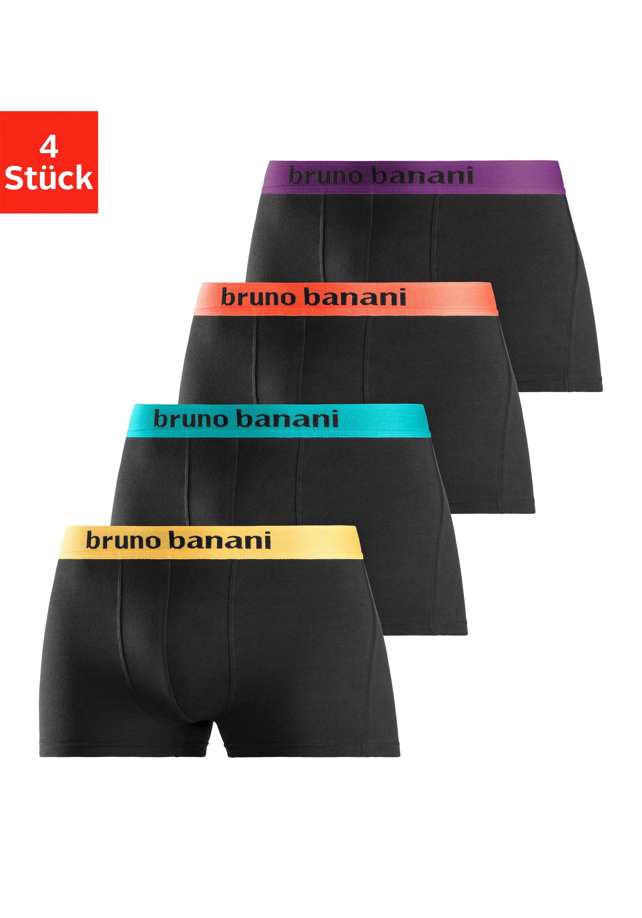 Boxer BRUNO BANANI "Boxershorts für Herren", Herren, Gr. L, 4 Stk., bunt (schwarz, orange, schwarz, türkis, schwarz, gelb, schwarz, lila), Jersey, Obermaterial: 95% Baumwolle, 5% Elasthan, unifarben, Unterhosen, mit farbigen Marken-Schriftzug am...
