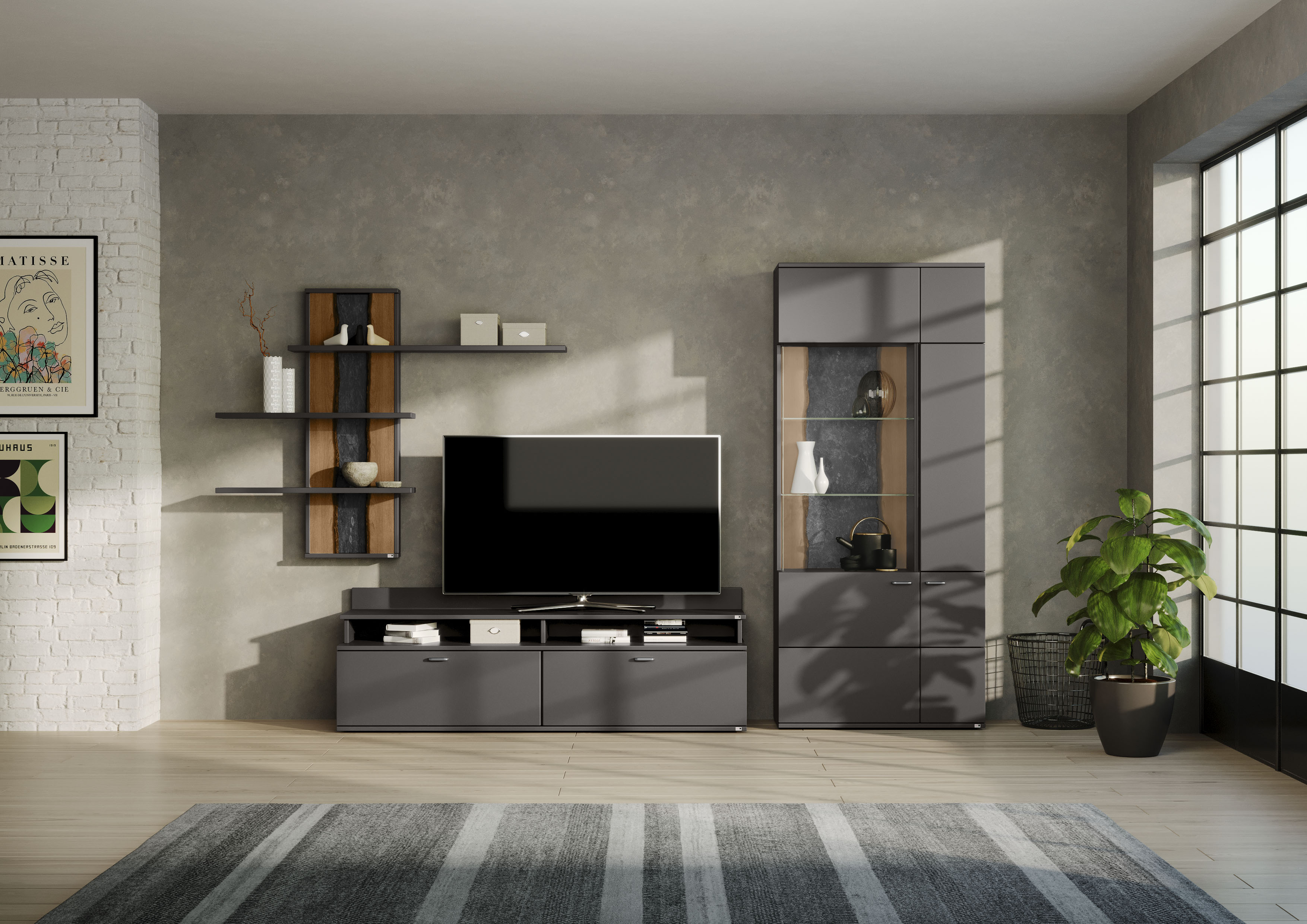 Wohnwand "TACOMA", grau (grafit matt), SET ONE BY MUSTERRING, Kastenmöbel-Sets, Typ 55, mit Wandregal