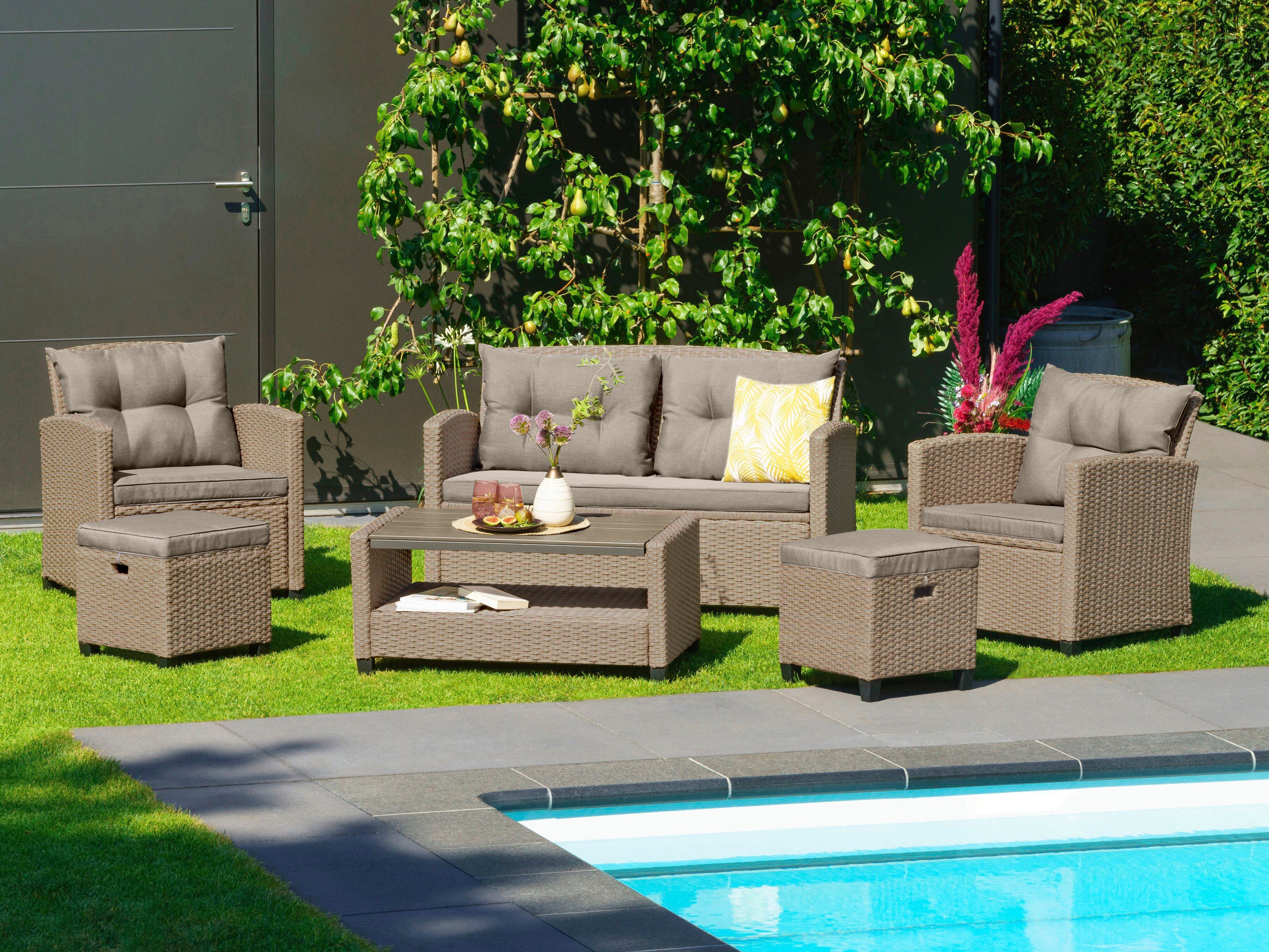 Gartenlounge-Set KONIFERA "Lorca", beige (beige, beige,), Polyrattan, Sitzmöbel-Sets, Gartenmöbel-Set, Polyrattan, Ablagefläche unter dem Tisch, Tischplatte aus Nonwood