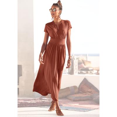 Midikleid LASCANA, Damen, Gr. 38, N-Gr, orange (terrakotta), Jersey, Obermaterial: 100% Viskose, unifarben, modisch, figurumspielend ca. Mitte Wade, V-Ausschnitt, Kurzarm, Kleider, mit Reißverschluss am Ausschnitt, figurbetont, sportlich-elegant,... Image