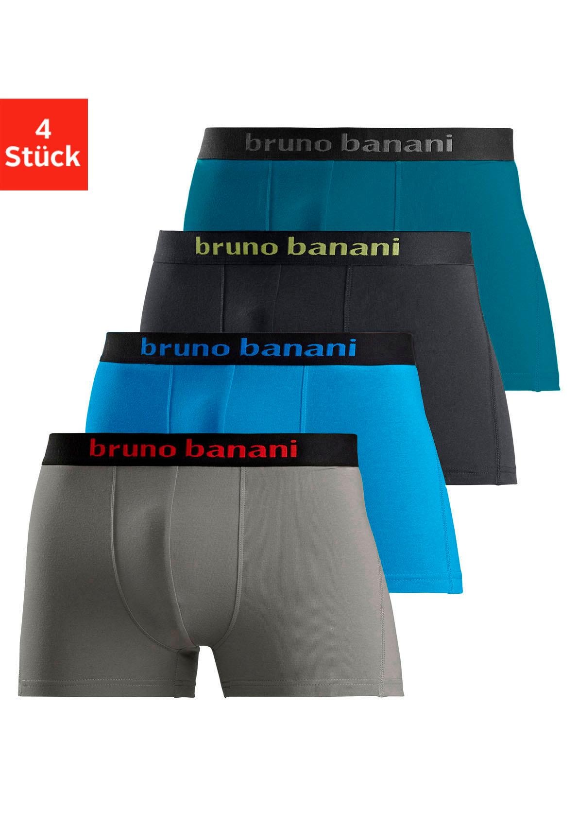 Boxer BRUNO BANANI "Boxershorts für Herren", Herren, Gr. S, 4 Stk., bunt (grau, türkis, schwarz, petrol), Jersey, Obermaterial: 95% Baumwolle, 5% Elasthan, unifarben, Unterhosen, mit farbigen Marken-Schriftzug am Bündchen