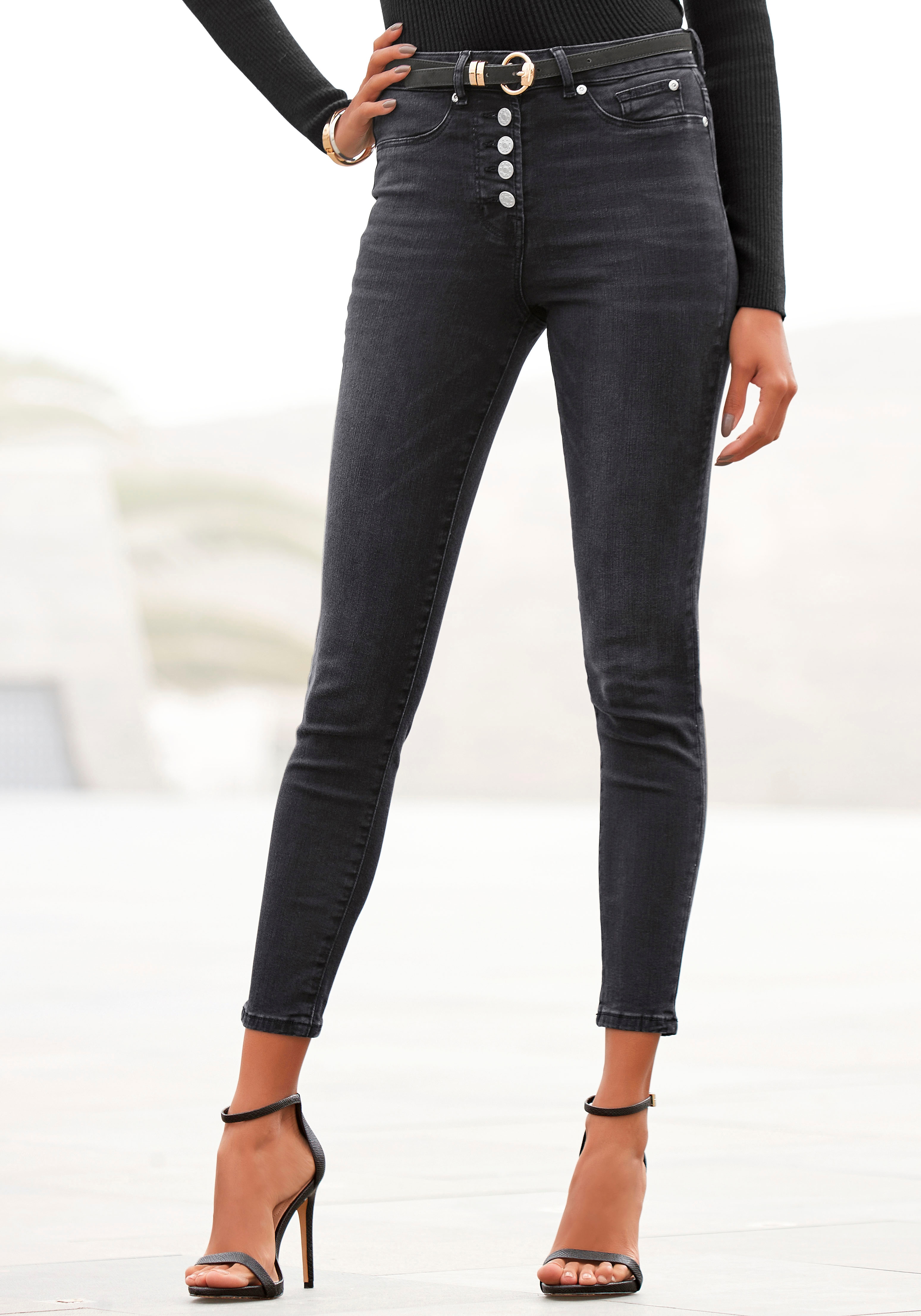 High-waist-Jeans BUFFALO, Damen, Gr. 36, N-Gr, schwarz, Denim/Jeans, Obermaterial: 98% Baumwolle, 2% Elasthan, figurbetont lang, Jeans High-Waist-Jeans, mit modischer Knopfleiste, schmale Skinny-Jeans, Stretch-Qualität