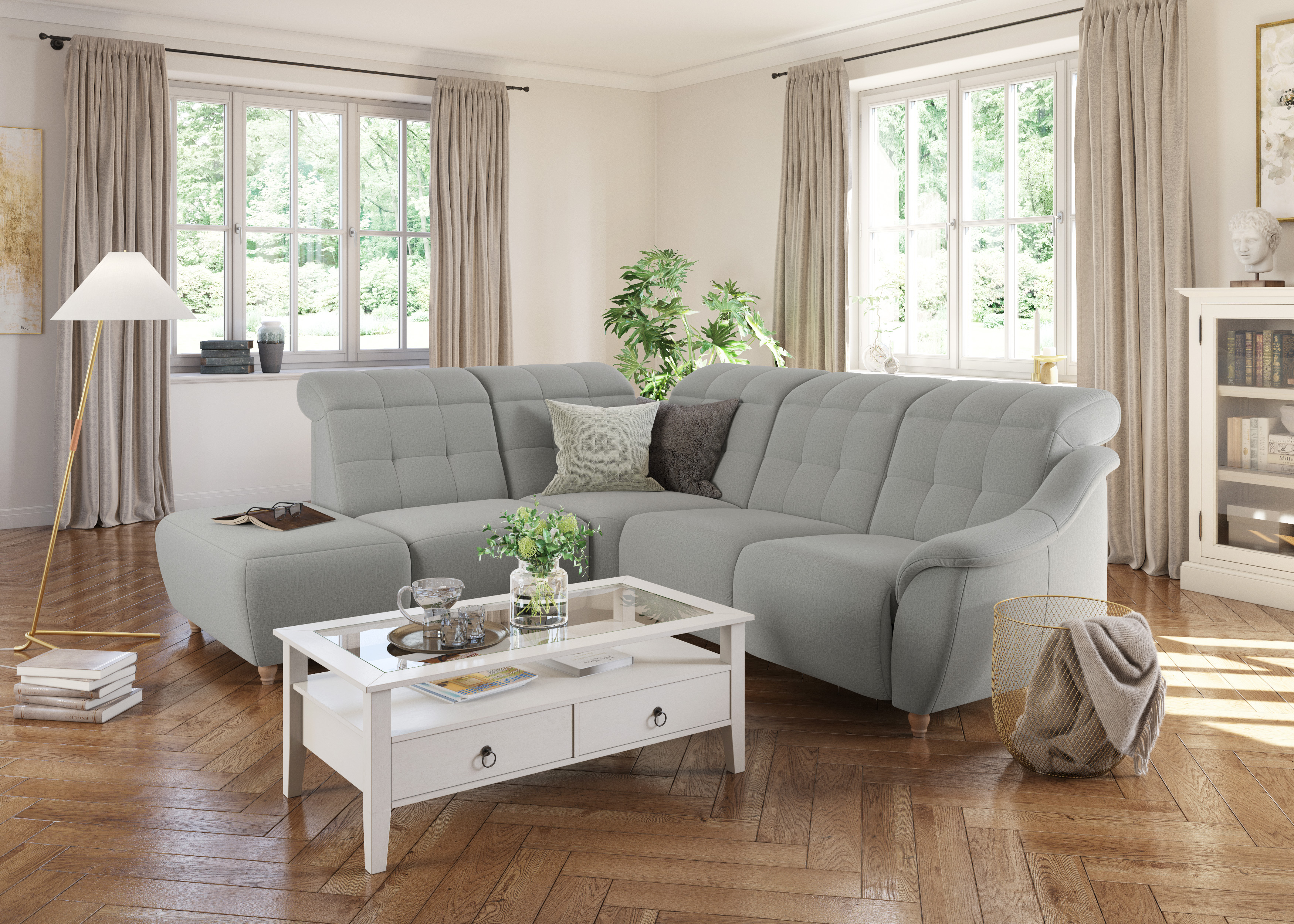 Ecksofa HOME AFFAIRE "Boston L-Form", grau (hellgrau), B:272cm, Struktur (100% Polyester);Luxus-Microfaser Florence (100% Polyester);Chenille (100% Polyester);NaturLEDER (reines Rindsleder), Sofas, Kopfteilverstellung an jeder Sitzfläche, wahlweise... Image