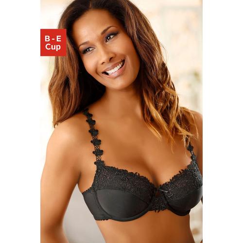 Bügel-BH NUANCE Gr. 75, Cup D, schwarz Damen BHs BH Bügel-BH Dirndl-BH Hochzeitsdessous Hochzeitswäsche Spitzen-BH Spitzenwäsche Balconette-BH Trachtenwäsche mit schöner Stickereispitze am Obercup und den Trägern, Dessous