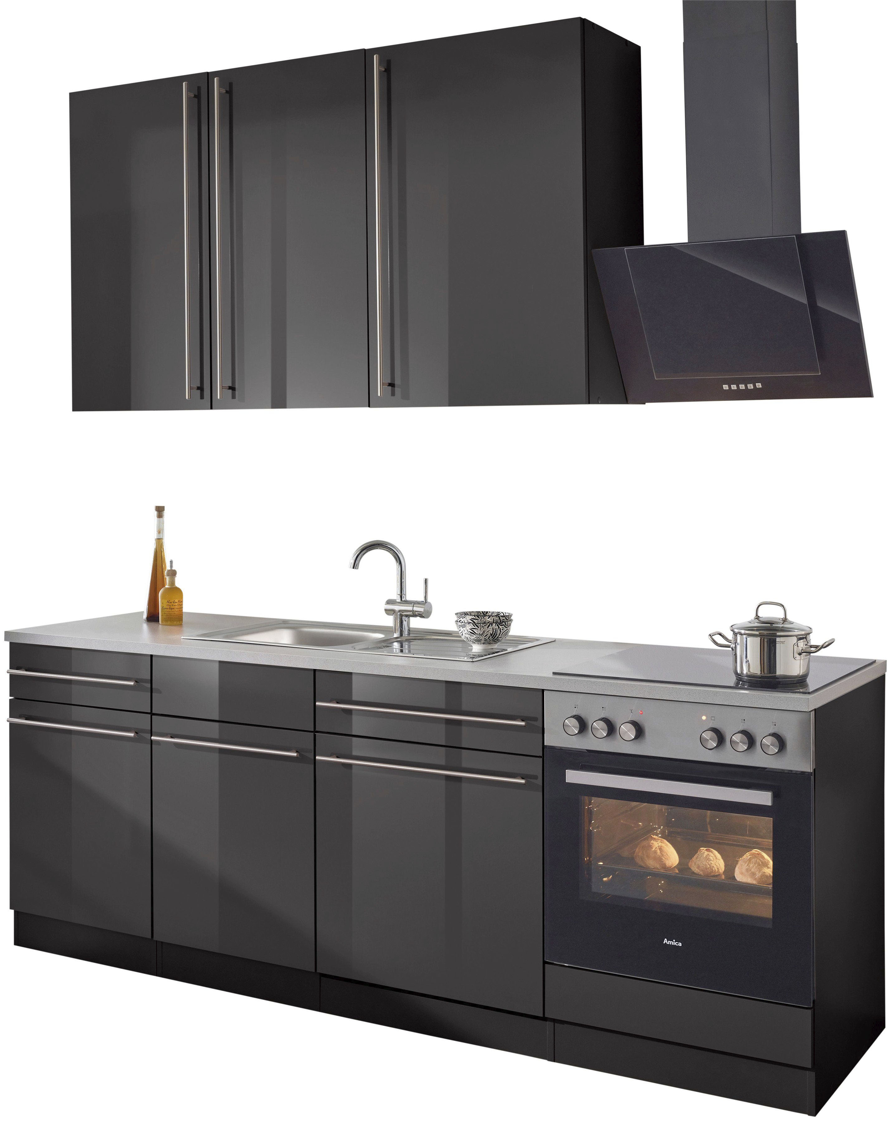 Küchenzeile WIHO KÜCHEN "Chicago", grau (küche: grau, korpus: anthrazit matt, arbeitsplatte: canvas grau), B:220cm T:60cm, Komplettküchen-Sets, Küchenzeile, ohne E-Geräte, Breite 220 cm