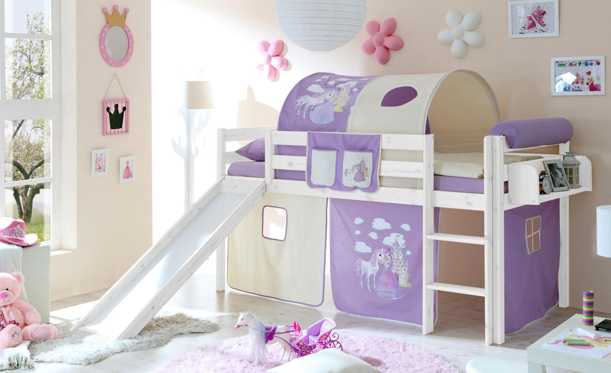 Hochbett TICAA "Manuel", lila (kiefer massiv weiß, prinzessin, lila), B:217cm H:114cm L:205cm, Hochbetten, Hochbett, mit Rollrost in verschied. Ausführungen wahlweise mit Matratze, weiß