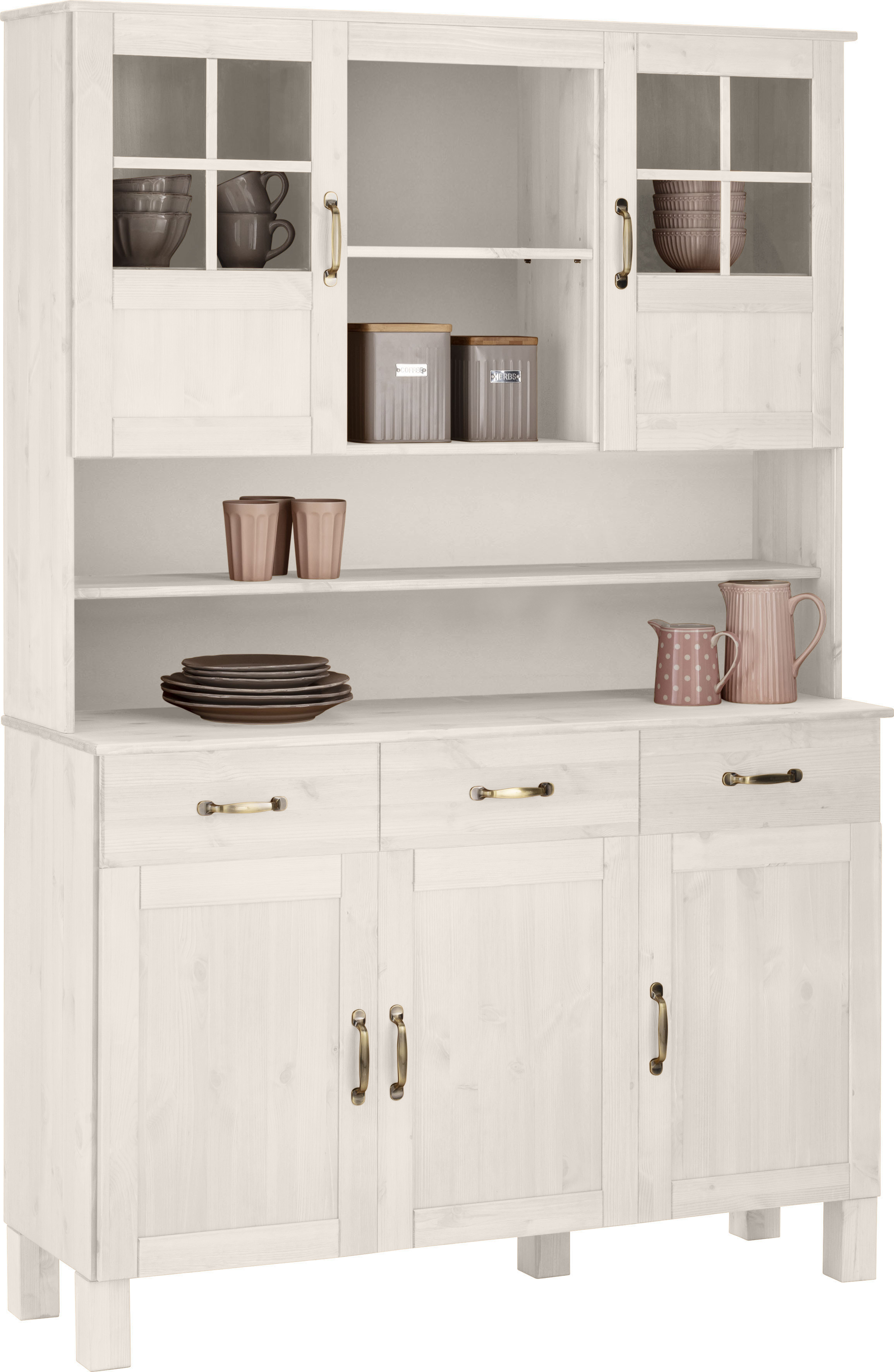 Küchenbuffet HOME AFFAIRE "Alby", weiß, B:125cm H:185cm T:38cm, Massivholz, Schränke, Breite 125 cm, 2 Glastüren, 2 Schubladen