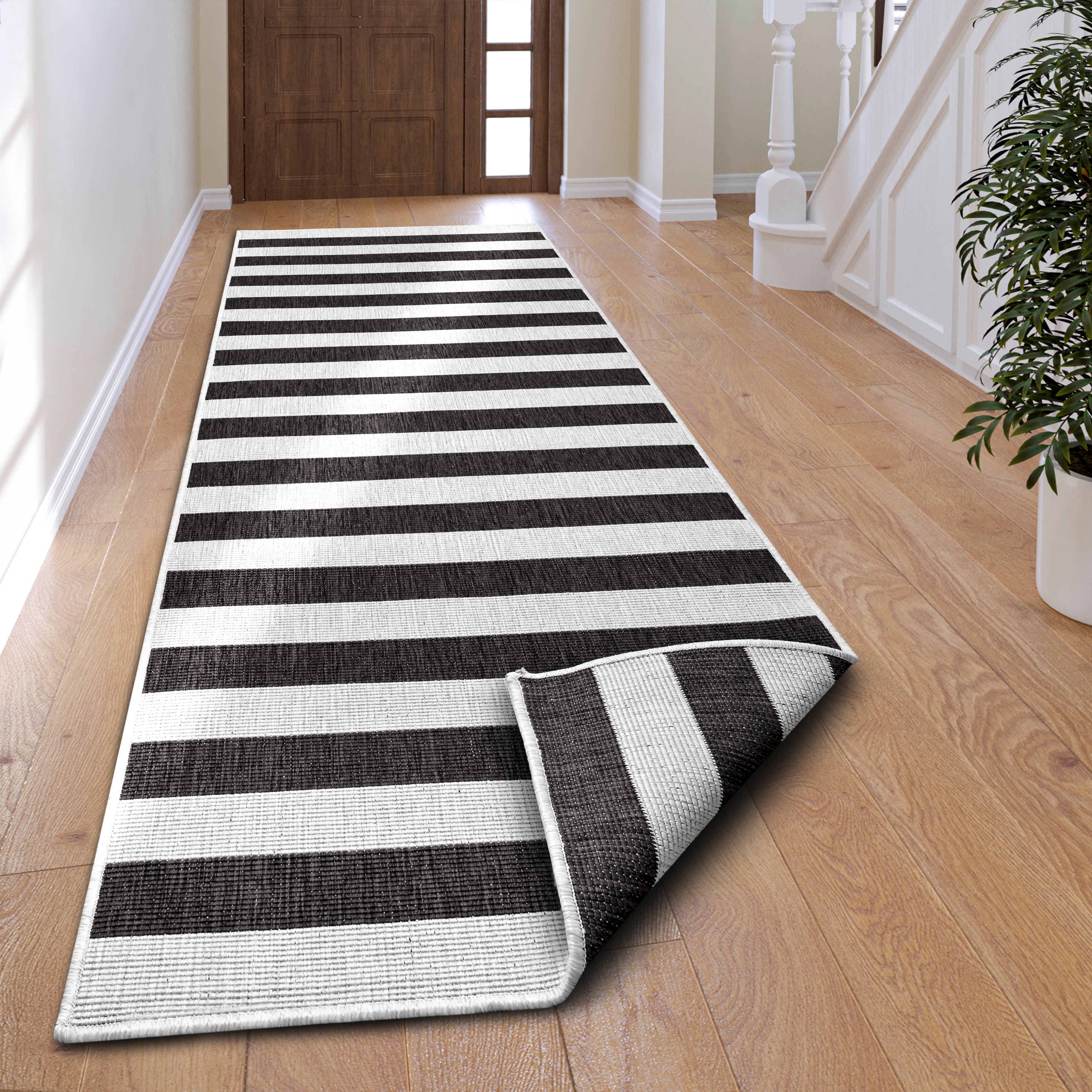 Läufer MY HOME "Alan Wendeteppich" Gr. 12, schwarz-weiß (schwarz, weiß), B:80cm H:5mm L:250cm, Kunstfaser, Teppiche, Beidseitig nutzbar, Streifen, Scandi, wetterfest, für In- und Outdoor Image