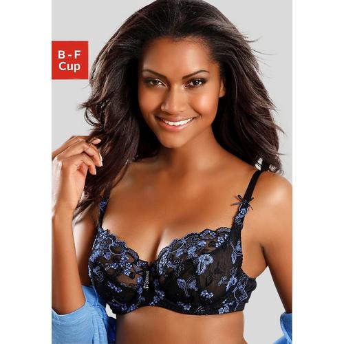 Bügel-BH LASCANA Gr. 90, Cup C, blau (blau, schwarz) Damen BHs BH Bügel-BH Dirndl-BH Hochzeitsdessous Hochzeitswäsche Spitzen-BH Spitzenwäsche Trachtenwäsche mit transparenter Stickerei-Spitze, Dessous