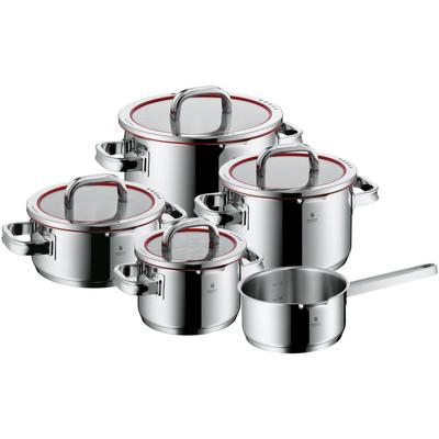 Topf-Set WMF "Function 4, Glasdeckel mit 4 Abgießfunktionen, poliert, unbeschichtet", rot (edelstahlfarben, rot), Töpfe, Induktions Töpfe Set, Innenskalierung, für alle Herdarten geeignet Image