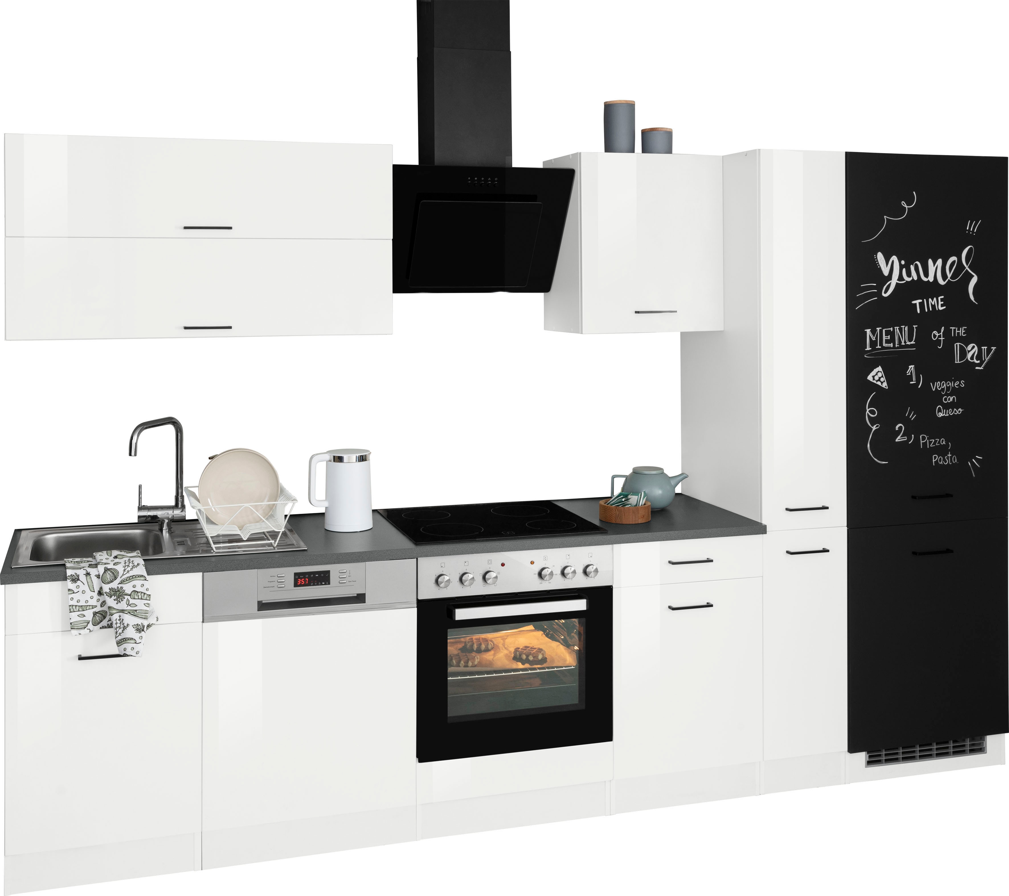 Küchenzeile KOCHSTATION "KS-Trier", weiß (küche: weiß, korpus: weiß, arbeitsplatte: anthrazit), B:310cm T:60cm, Komplettküchen-Sets, Küchenzeile, ohne E-Geräte, Breite 310 cm