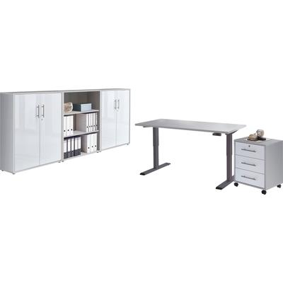 Büromöbel-Set BMG MÖBEL "Tabor", grau (lichtgrau, weiß hochglanz), Metall, Holzwerkstoff, Arbeitsmöbel-Sets, mit elektrisch höhenverstellbarem Schreibtisch Image