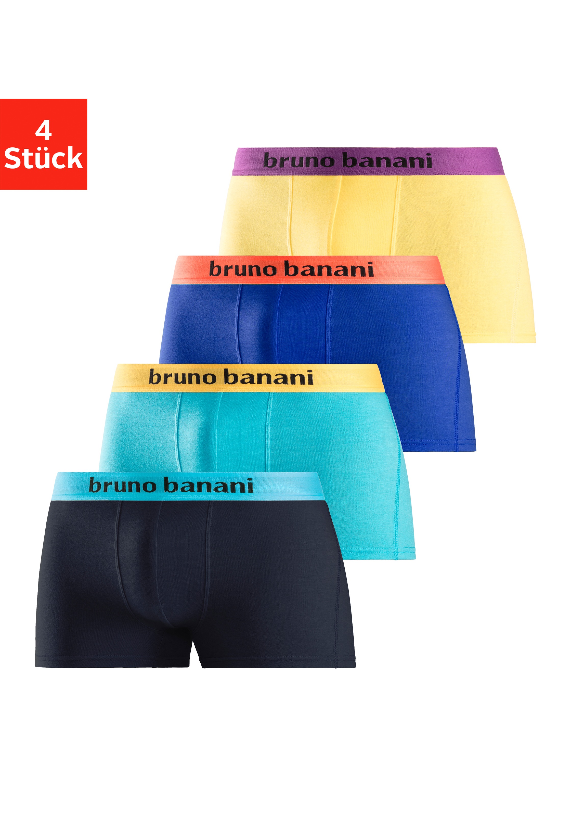 Boxer BRUNO BANANI "Boxershorts für Herren", Herren, Gr. L, 4 Stk., bunt (gelb, türkis, royalblau, navy), Jersey, Obermaterial: 95% Baumwolle, 5% Elasthan, unifarben, Unterhosen, mit farbigen Marken-Schriftzug am Bündchen