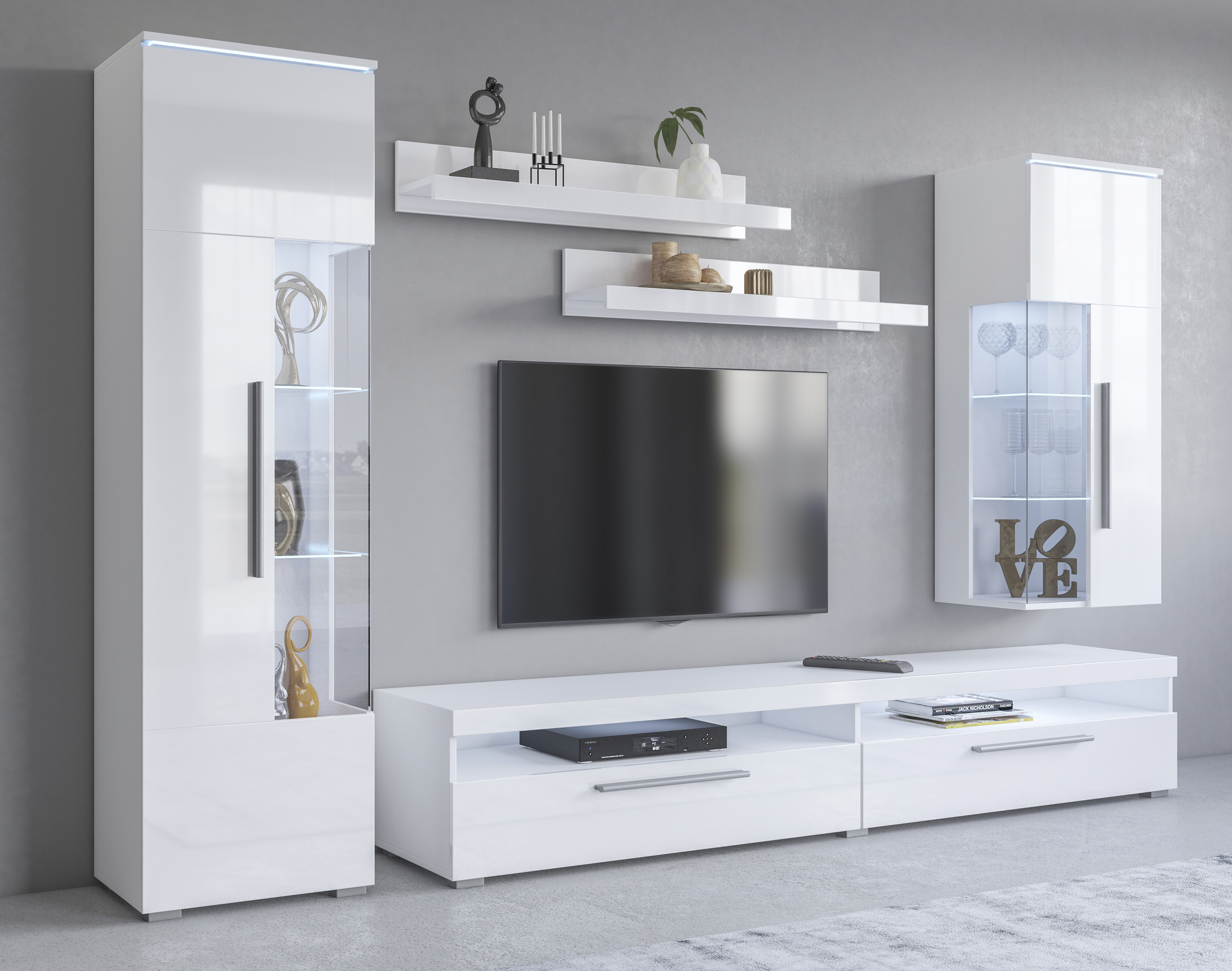 Wohnwand INOSIGN "India,Breite 245cm moderne Mediawand ohne Beleuchtung", weiß (weiß, weiß hochglanz), weiss/weiss hgl, ABS-Kunststoff, Glas, Holzwerkstoff, Kunststoff, Metall, Kastenmöbel-Sets, Anbauwand (Set,5-St,...