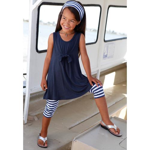 Kleid, Leggings & Haarband KIDSWORLD Gr. 140/146, blau (marine, weiß) Mädchen KOB Set-Artikel Spar-Sets Capri und Haarband maritim geringelt