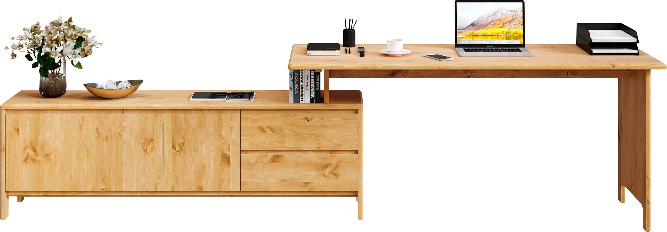 Schreibtisch HOME AFFAIRE "Luven, aus Massivholz", beige (natur), B:170cm H:76cm T:60cm, Tische, in 2 Breiten, variable Nutzung als Schreibtisch oder Eckschreibtisch