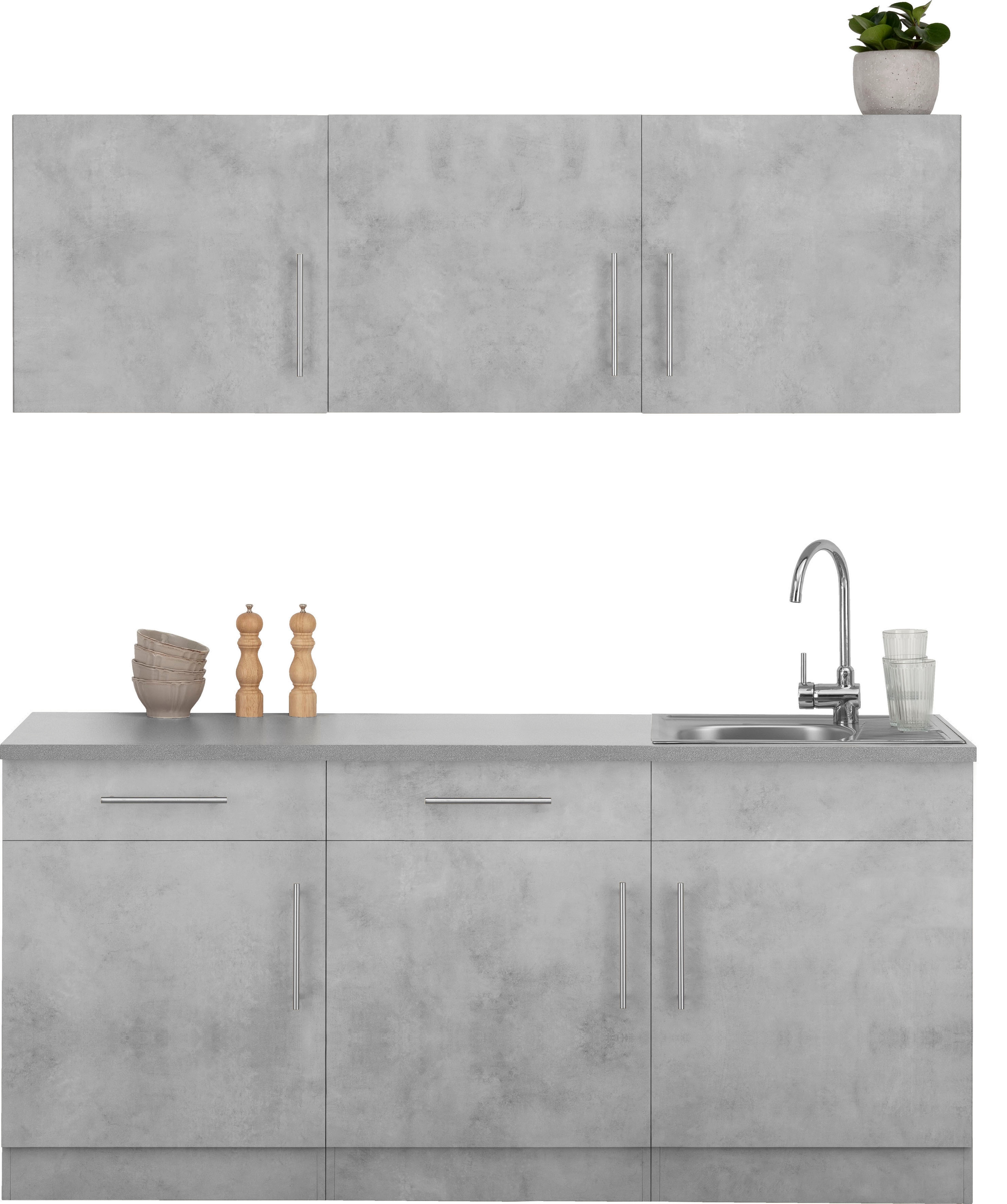 Küche WIHO KÜCHEN "Cali", grau (küche: grau, front: betonfarben, korpus: betonfarben, arbeitsplatte: canvas grau), B:180cm T:60cm, Komplettküchen-Sets, Küchenzeile, ohne E-Geräte, Breite 180 cm Image