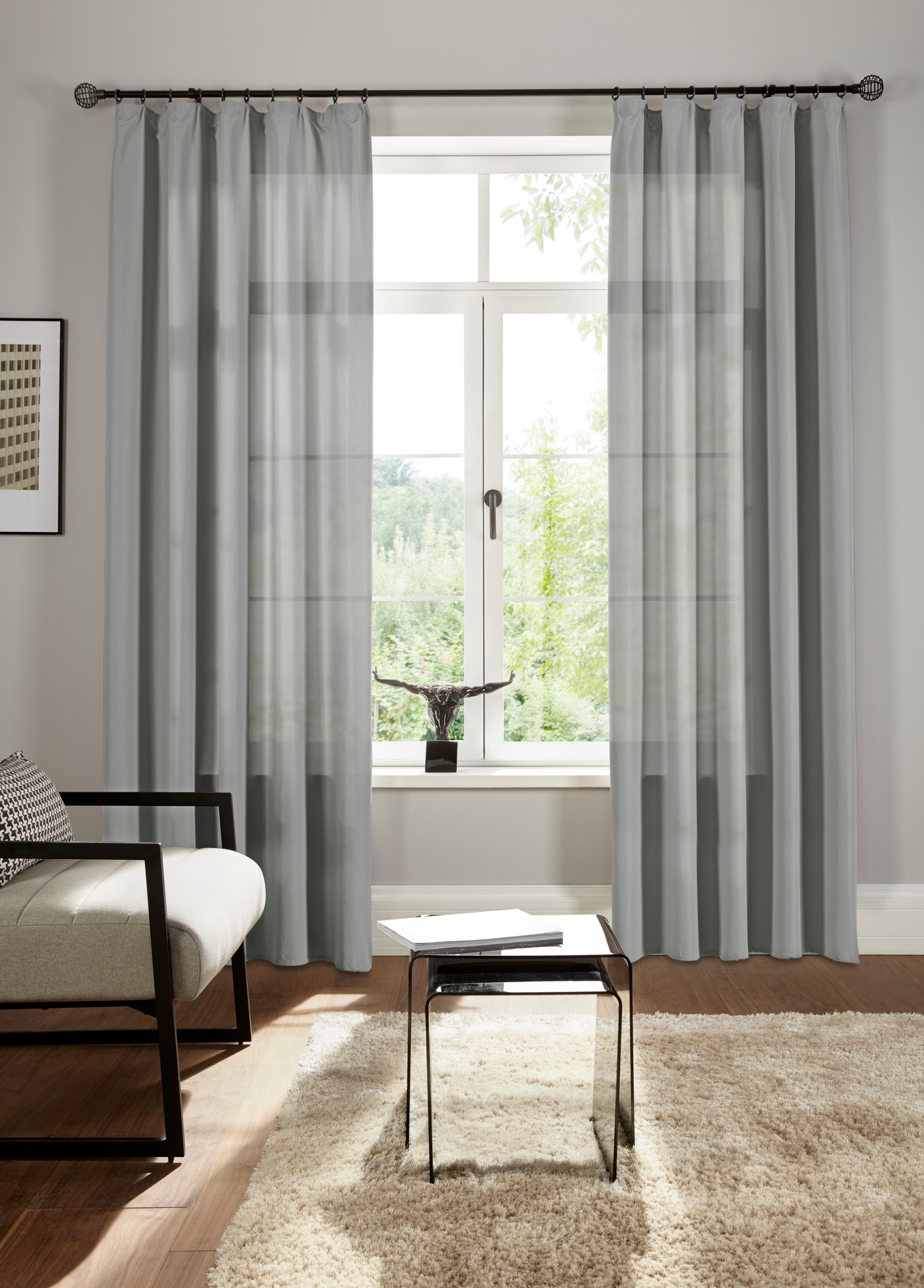 Vorhang BRUNO BANANI "Lagan" Gr. 1, grau, B:140cm H:145cm, Polyester, Polyester, Gardinen, 2-er Set, gewebt, Microfaser, versch. Größen, einfarbig, Bestseller