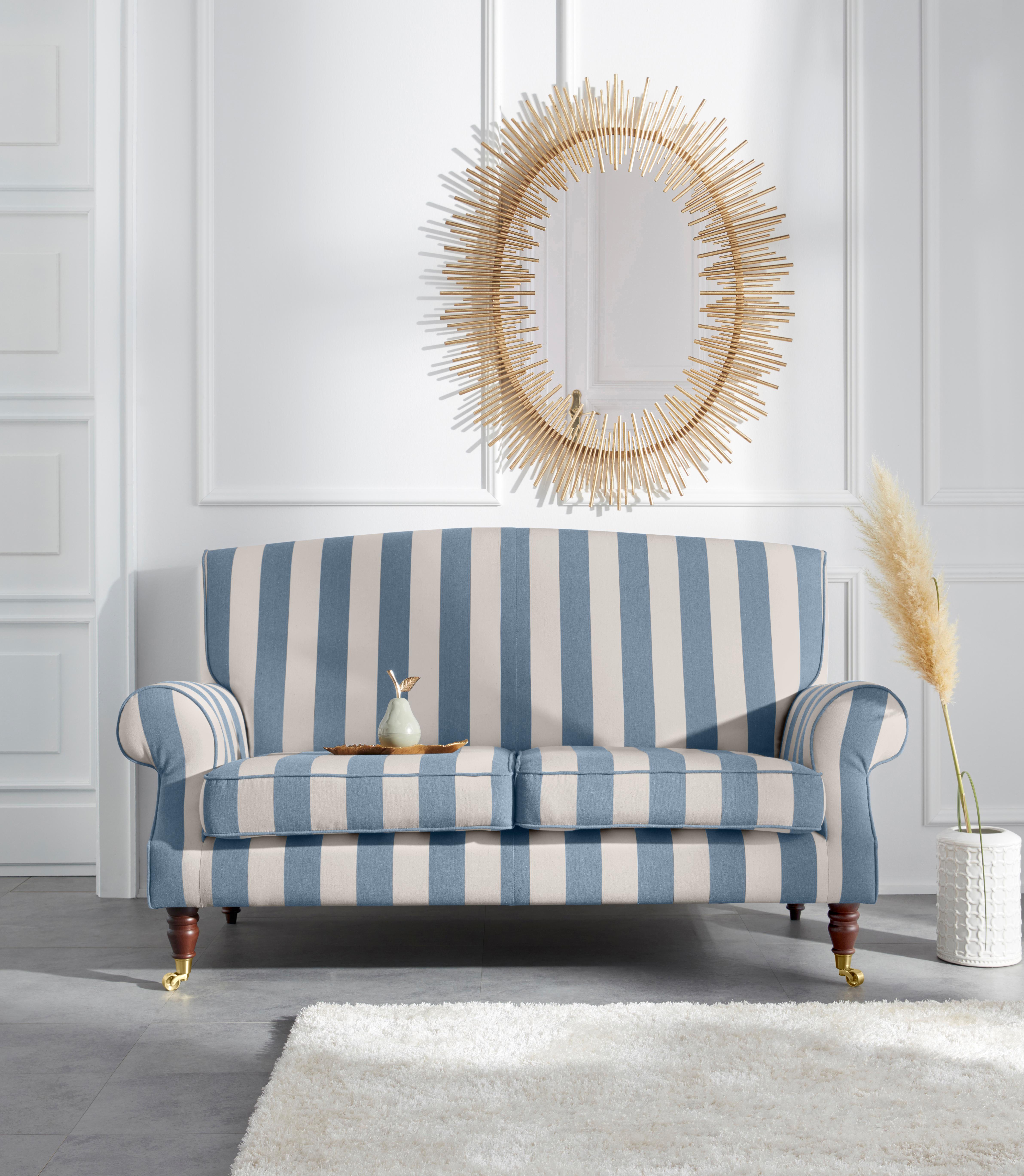 2-Sitzer HOME AFFAIRE "Rennes", bunt (blau, creme streifen), B:160cm H:90cm T:93cm, Samtoptik (100% Polyester);Baumwollmix (50% Baumwolle, 50% Polyester), Sofas, in Samtoptik oder Baumwoll-Mix