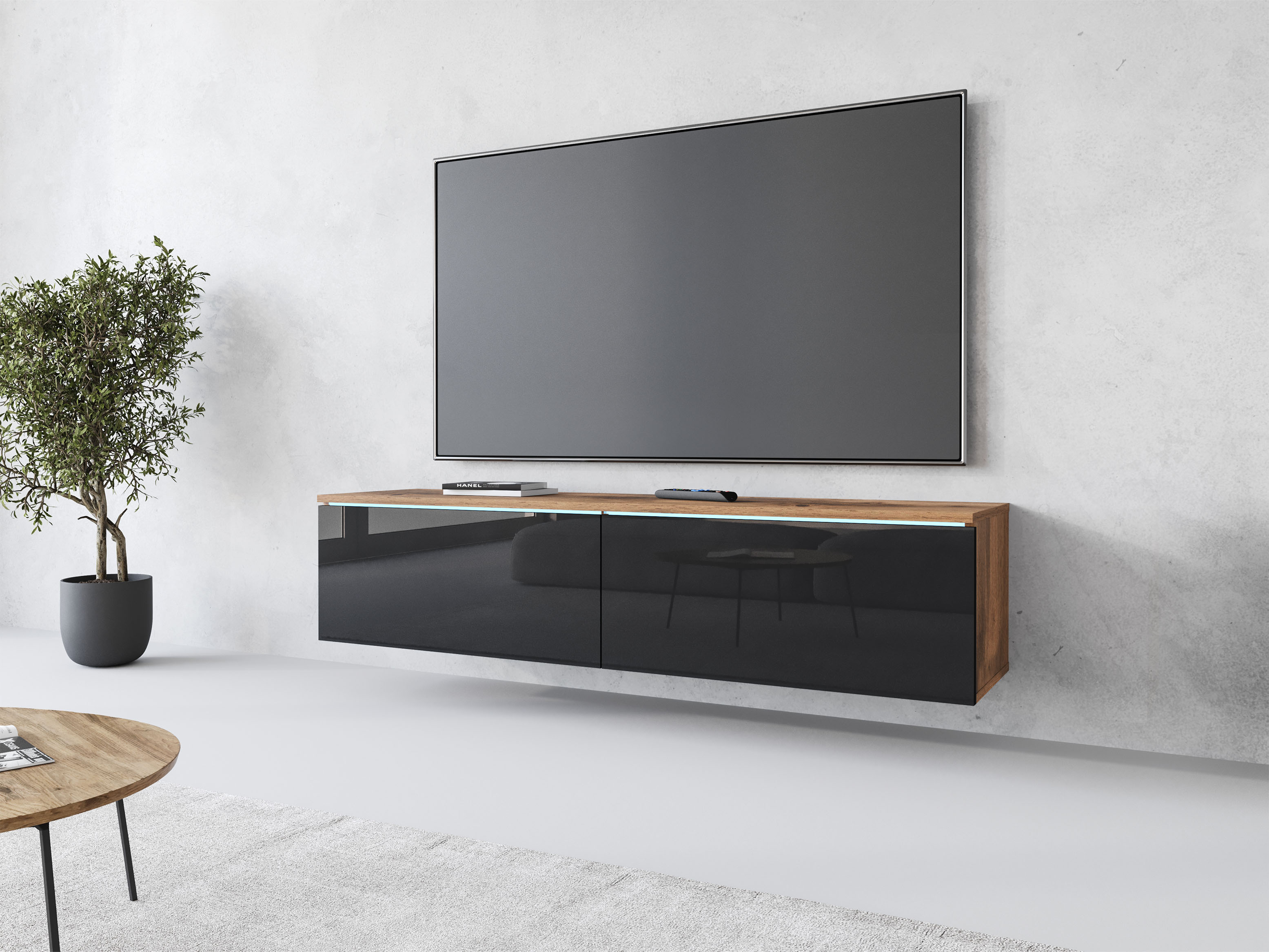 Lowboard HOME AFFAIRE "LOWBOARD D, wahlweise mit oder ohne Beleuchtung", schwarz (votan eichefarben, schwarz hochglanz), B:140cm H:30cm T:33cm, Sideboards, Lowboard, modernes TV-Board ohne Griffe, mit viel Stauraum,stehend und hängend