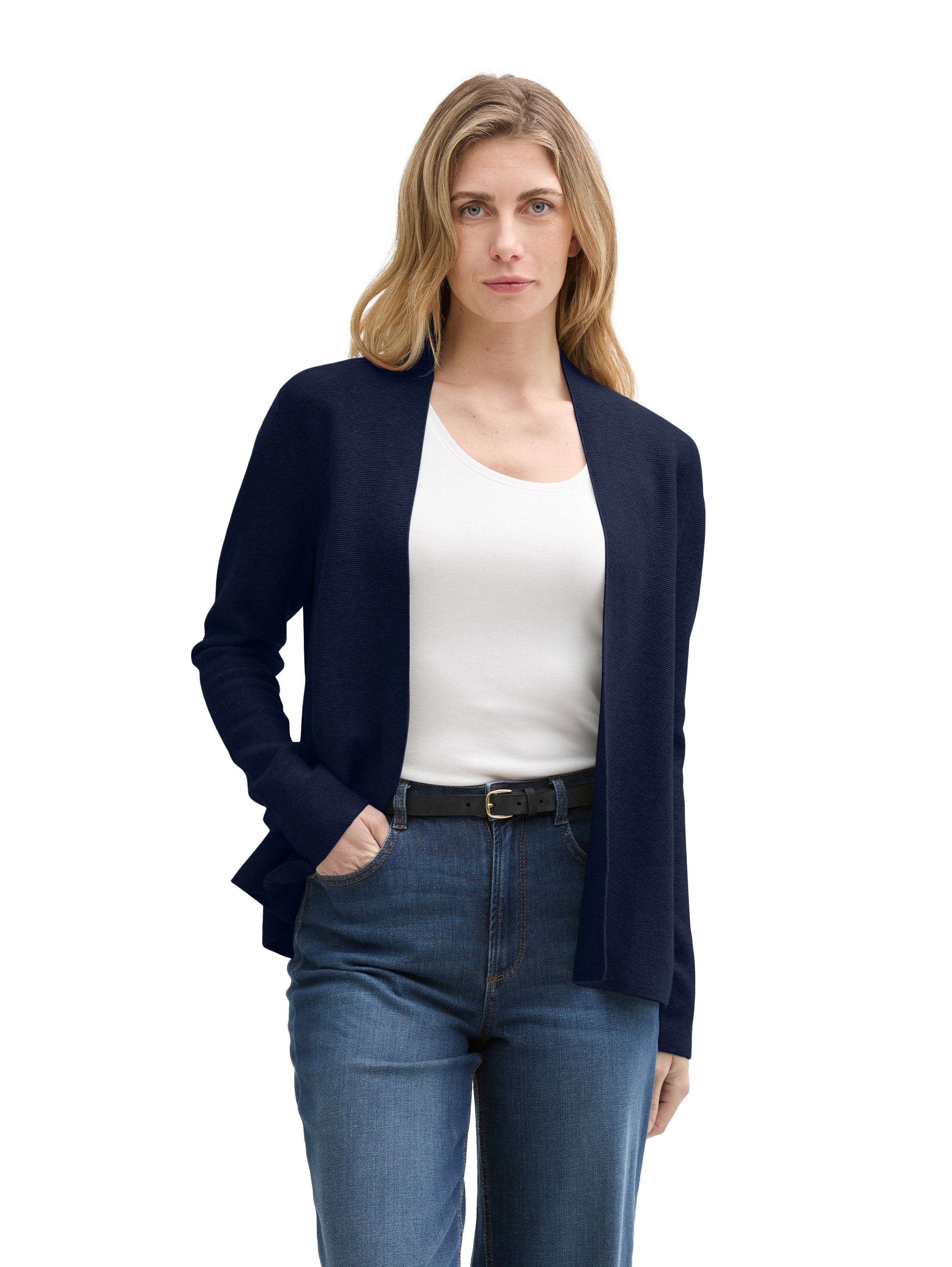 Cardigan TOM TAILOR, Damen, Gr. XL (42), blau (dunkelblau), Strick, Obermaterial: 100% Baumwolle, unifarben, figurumspielend hüftlang, Strickjacken, mit feiner Struktur