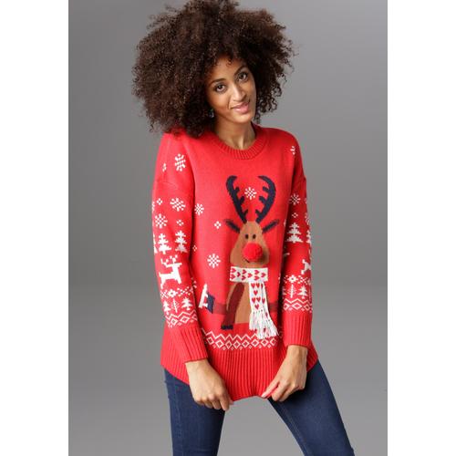 Weihnachtspullover ANISTON CASUAL Gr. 42, rot (rot-weiß-marine-hellbraun-braun) Damen Pullover mit Bommel-Nase und Fransenschal Bestseller