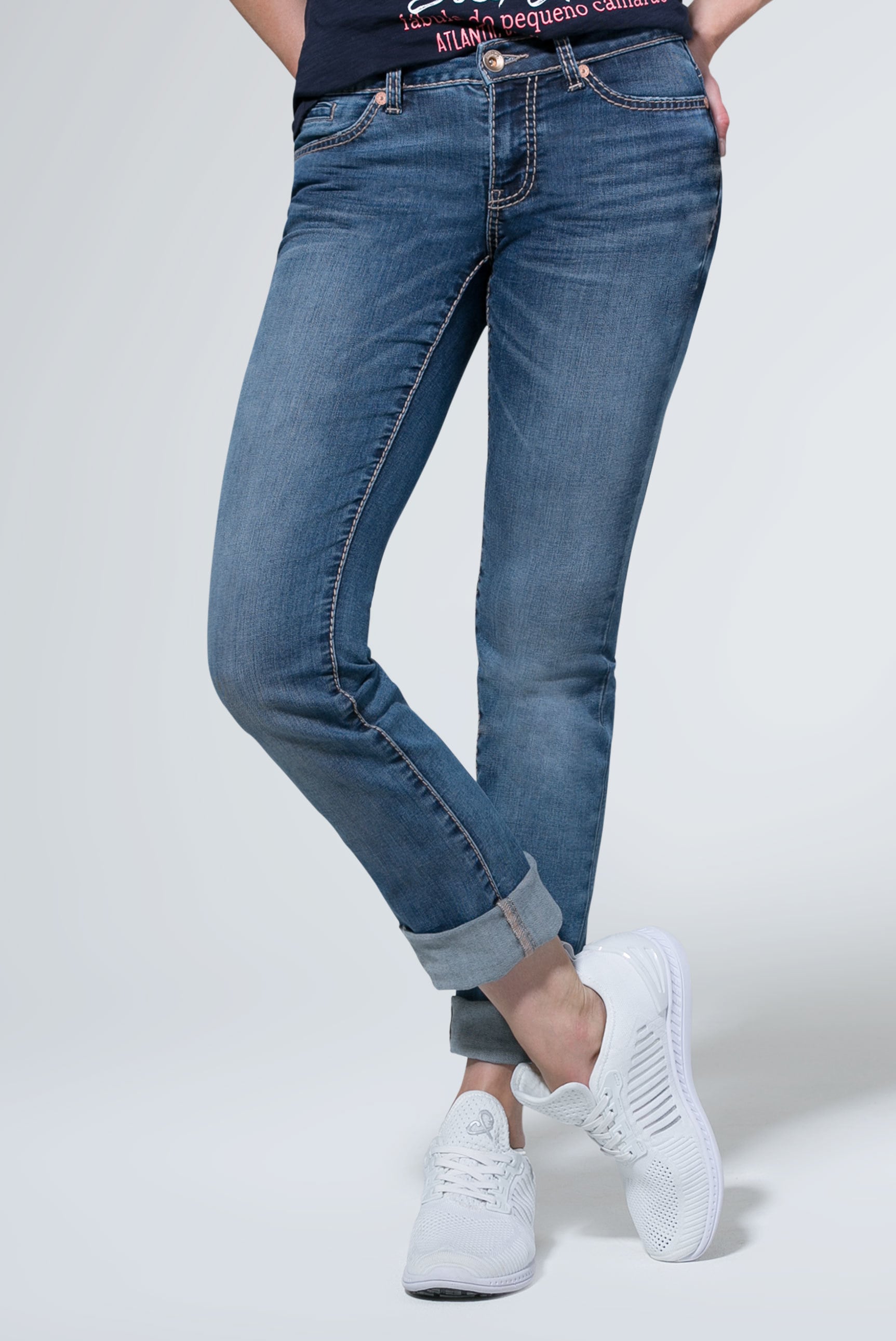 Regular-fit-Jeans SOCCX, Damen, Gr. 27, Länge 30, blau, Material: 72% Baumwolle, 27% Polyester, 1% Elasthan, Zusatz: Enthält nichttextile Teile tierischen Ursprungs (Badge), Abriebeffekte, regular fit, Jeans, mit Turn-Up Saum