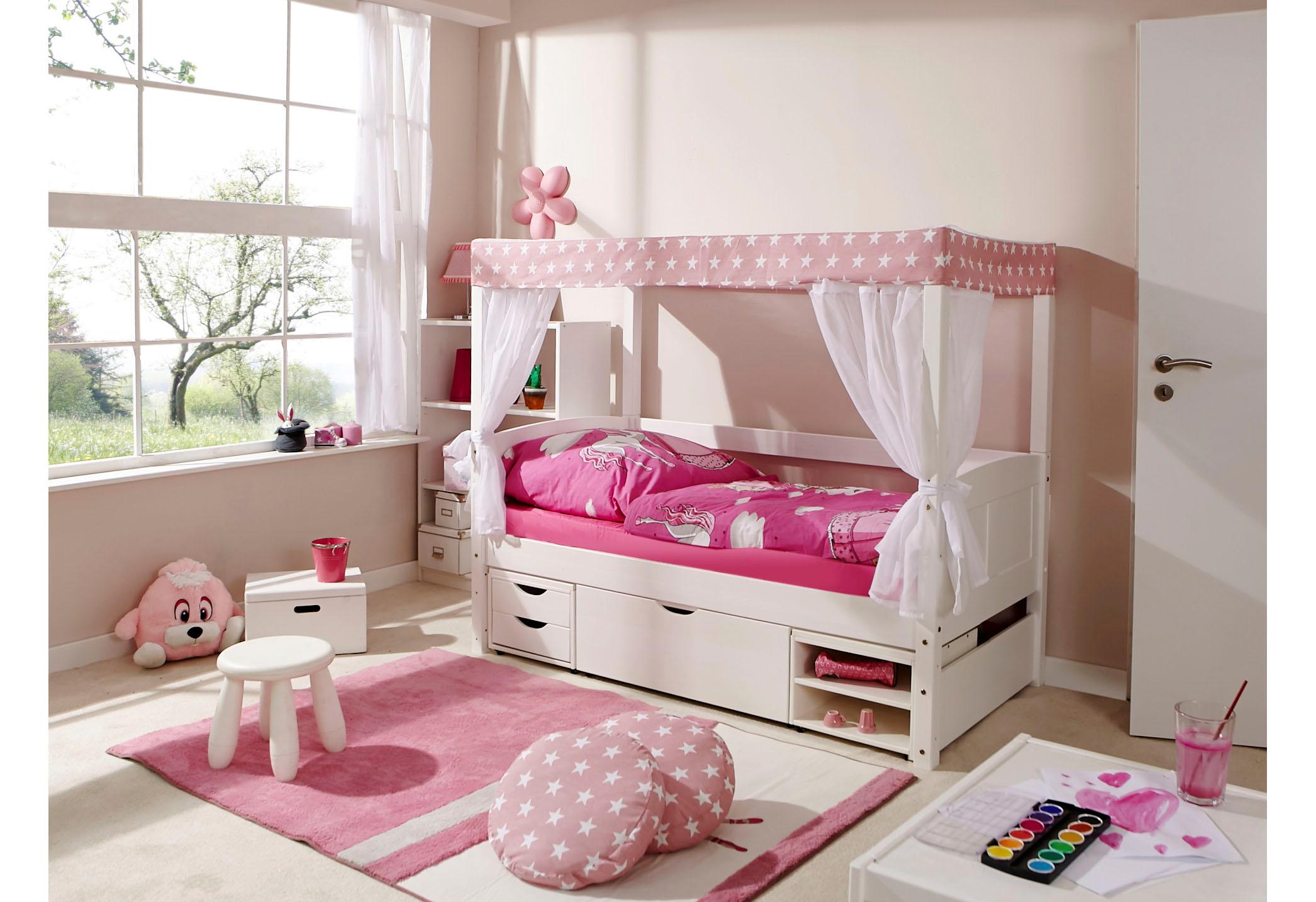 Himmelbett TICAA "Lino", rosa (kiefer massiv weiß lackiert, rosa), B:86cm, Betten