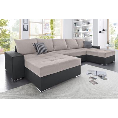 Wohnlandschaft COLLECTION AB "XXL-Josy U-Form, Breite 333 cm, mit 2 Recamieren 77 & 97 cm", grau (schwarz, hellgrau), B:333cm H:84cm T:161cm, Kunstleder SOFTLUX/100% Polyester, Sofas, inkl. Bettfunktion, Bettkasten, mit 5 gleich großen Rückenkissen Image