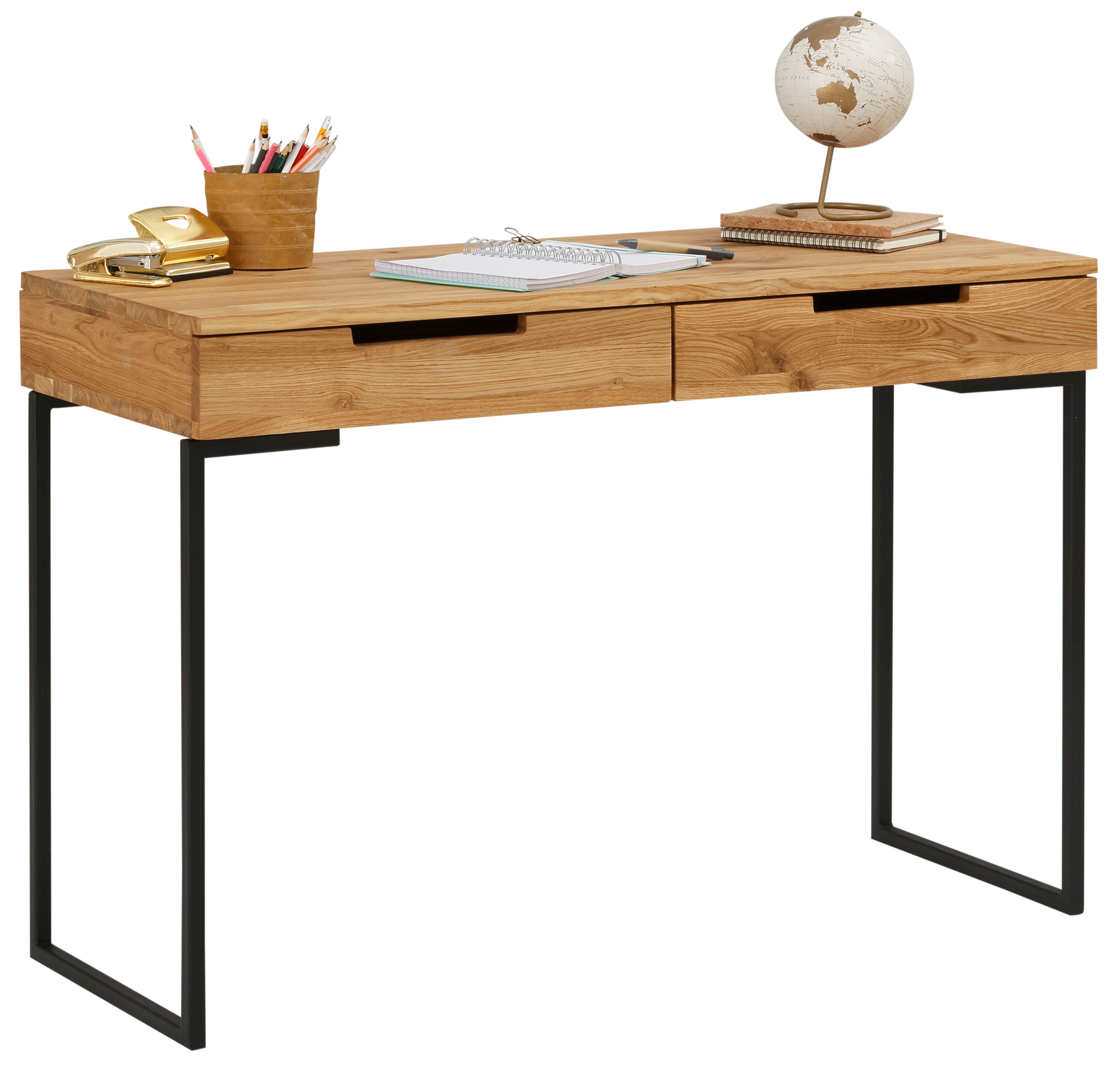 Schreibtisch HOME AFFAIRE, braun (eiche, schwarz, eiche), B:110cm H:76cm T:45cm, Tische, Laptoptisch, Eichenholz, mit 2 Schubladen, filigranes Metallgestell