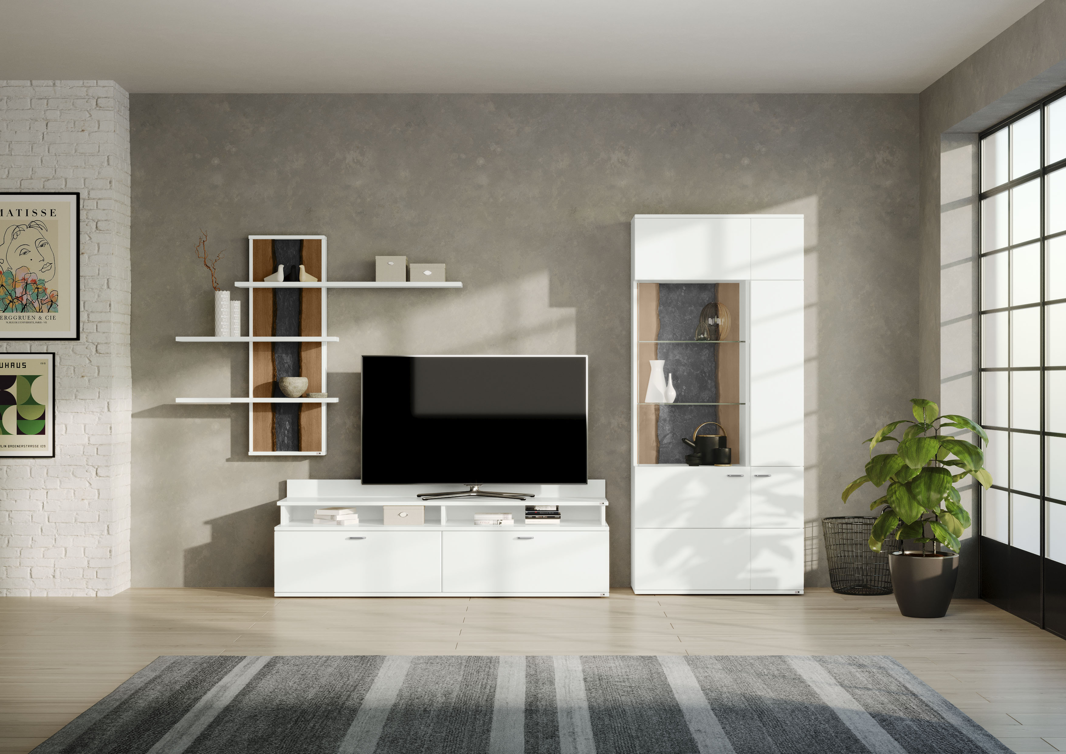 Wohnwand "TACOMA", weiß (weiß arctic hochglanz), SET ONE BY MUSTERRING, Kastenmöbel-Sets, Typ 55, mit Wandregal