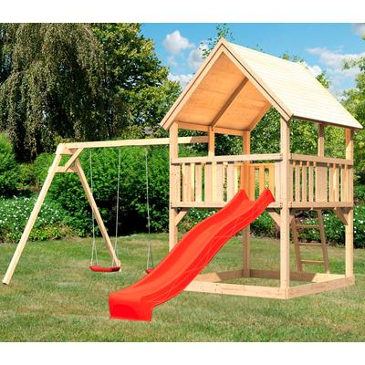 Spielturm KONIFERA "Lenie", beige (natur, rot), Spieltürme, KinderB:440cm H:345cm T:264cm, Holzwerkstoff, BxTxH: 440x264x345 cm, B:440cm H:345cm T:264cm