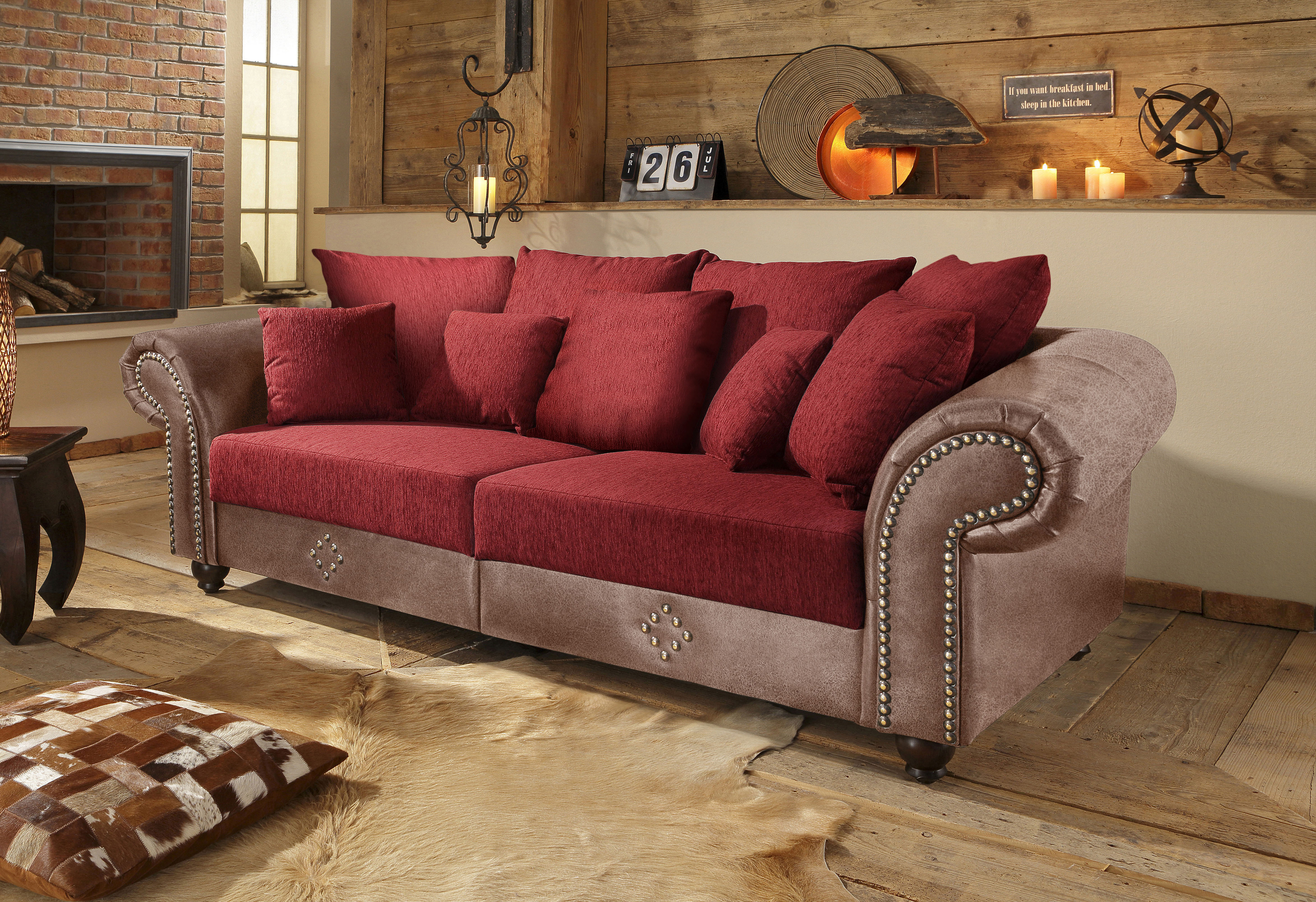 Big-Sofa HOME AFFAIRE "King George Mega Sofa, viel Platz, Federkern", braun (braun, rot), B:242cm T:103cm, Korpus aus Luxus-Microfaser in Vintage-Optik (100% Polyester), Sitzfläche aus Chenillebezug (70% Polyacryl 30% Polyester), Kissen in...