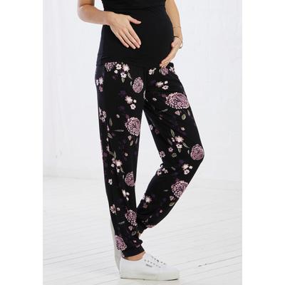 Umstandshose NEUN MONATE "Umstand-Haremshose für Schwangerschaft und Stillzeit", Damen, Gr. 40/42, N-Gr, schwarz (schwarz, geblümt), Jersey, Obermaterial: 95% Viskose, 5% Elasthan, gemustert, bedruckt, geblümt, Basic, bequem lang, Hosen, in bequemer... Image
