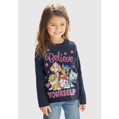 Langarmshirt PAW PATROL, Mädchen, Gr. 116/122, blau, Jersey, Obermaterial: 100% Baumwolle, bedruckt, casual, Basic hüftlang, Rundhals, Langarm abgesteppte Kante, Shirts, Schriftzug mit PAW PATROL Team Image