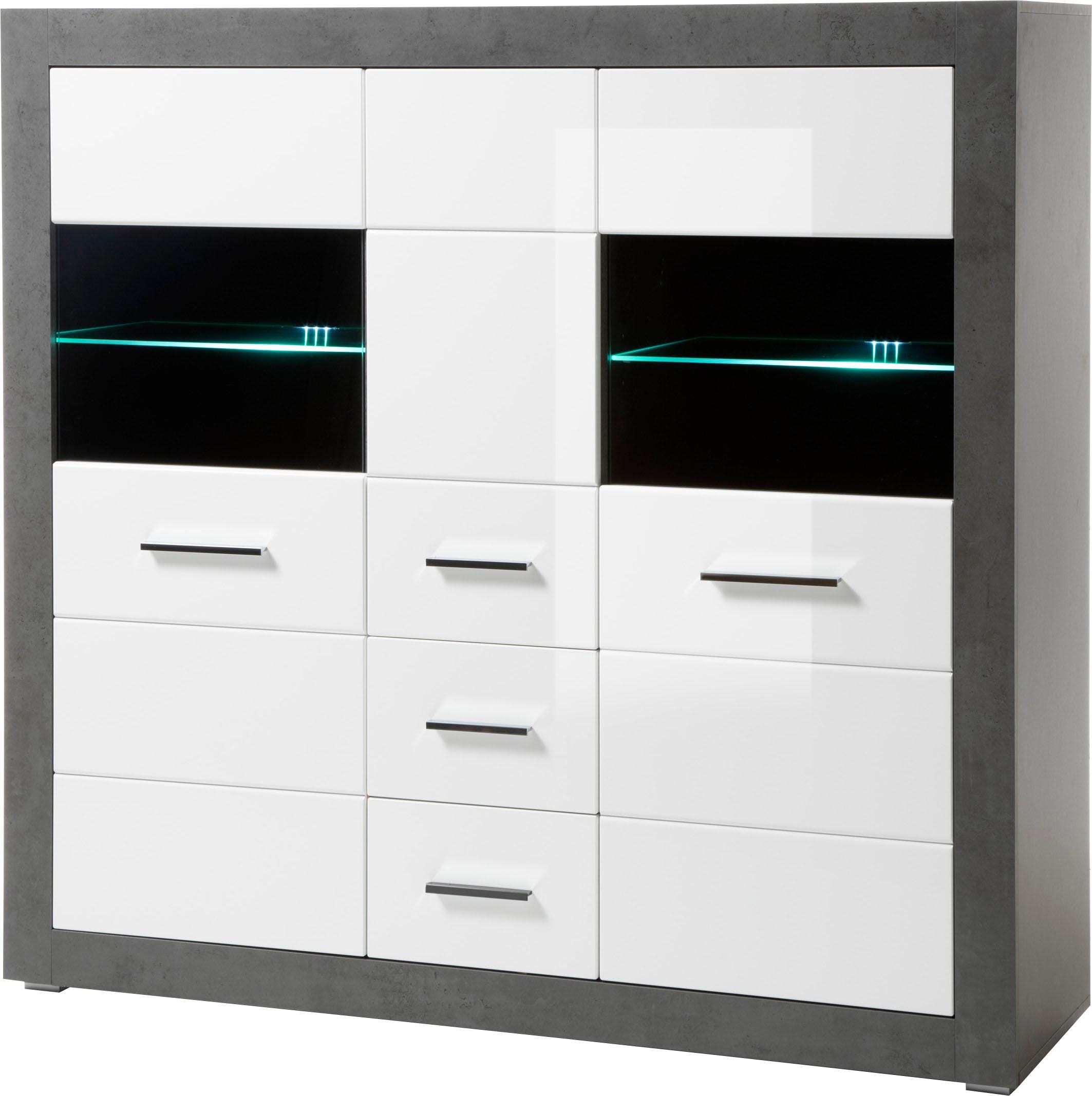 Highboard INOSIGN "Etero", grau (schwarz concret, weiß mdf hochglanz, applikation schwarz concret), B:149cm H:142cm T:42cm, Sideboards, Breite 149 cm Image