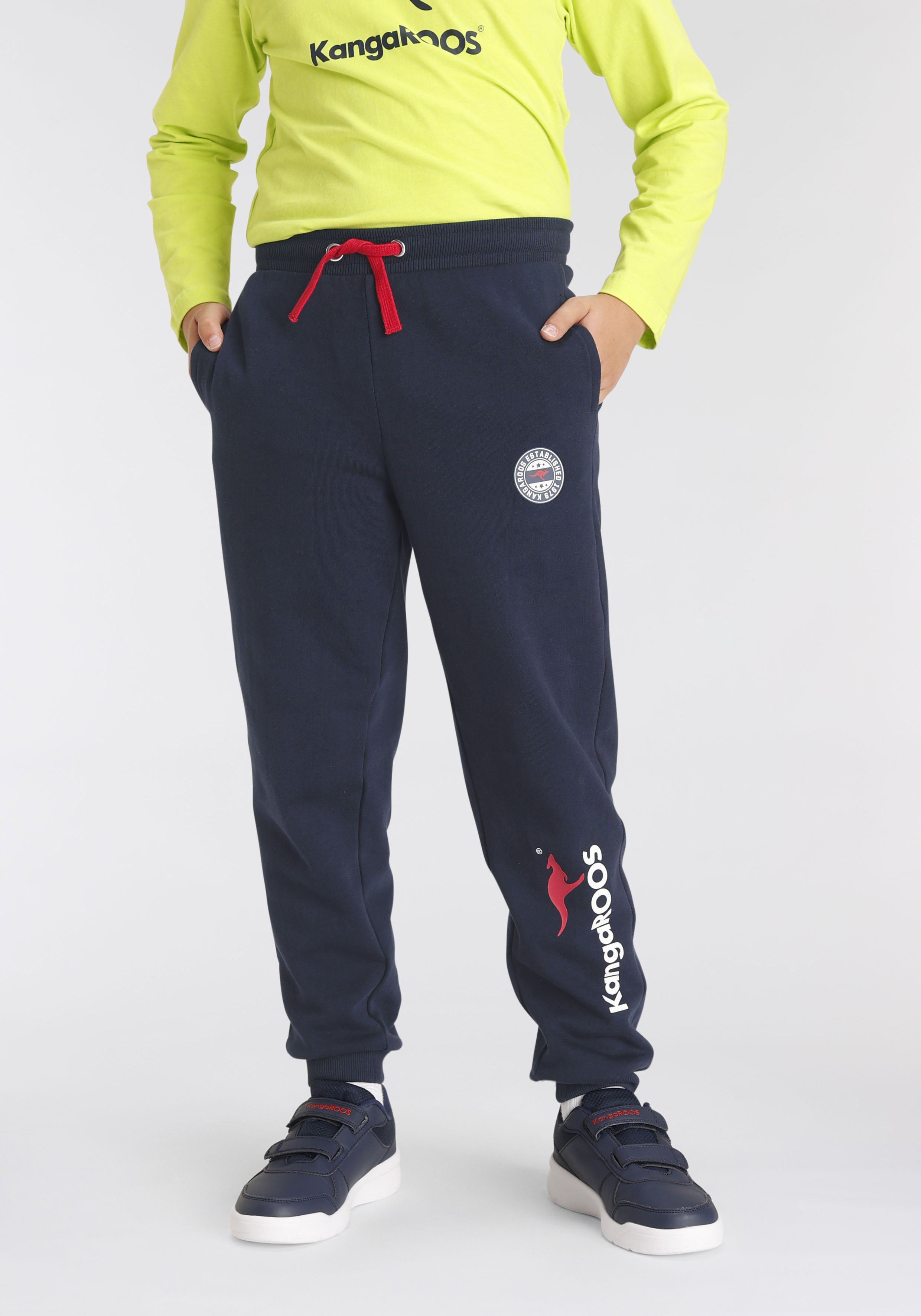 Sweathose KANGAROOS "Jogginghose für Jungen", Jungen, Gr. 176/182, N-Gr, blau (marine), Sweatware;angeraute Sweatware, Obermaterial: 100% Baumwolle, bedruckt, Sportlich, Basic lang, Hosen, Logo-Drucken Image