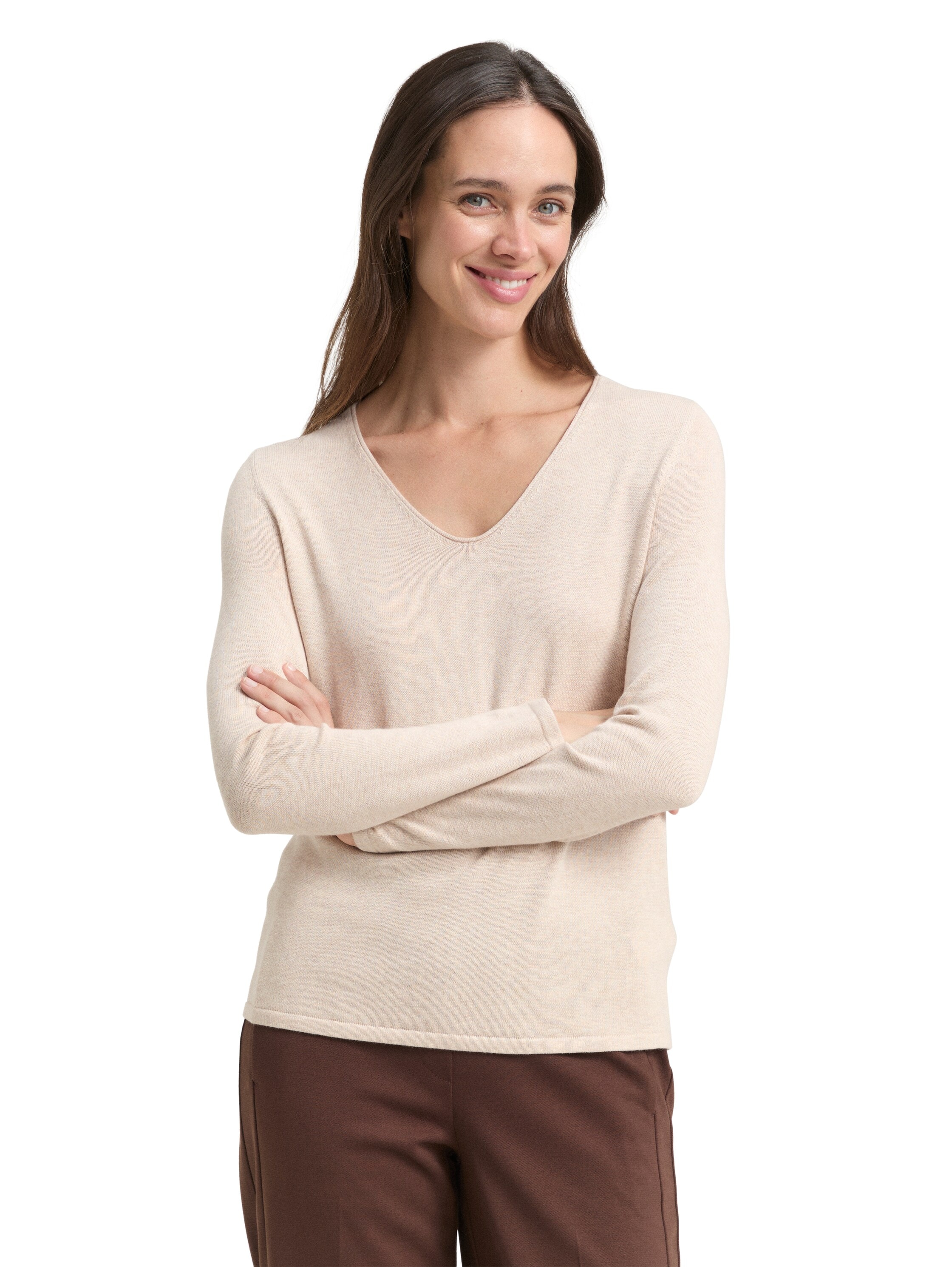 V-Ausschnitt-Pullover TOM TAILOR, Damen, Gr. XL (42), beige (hellbeige, meliert), Feinstrick, Obermaterial: 60% Baumwolle, 40% Viskose, unifarben, figurbetont hüftlang, V-Ausschnitt, eng Flachstrickbündchen, Pullover, aus Feinstrick