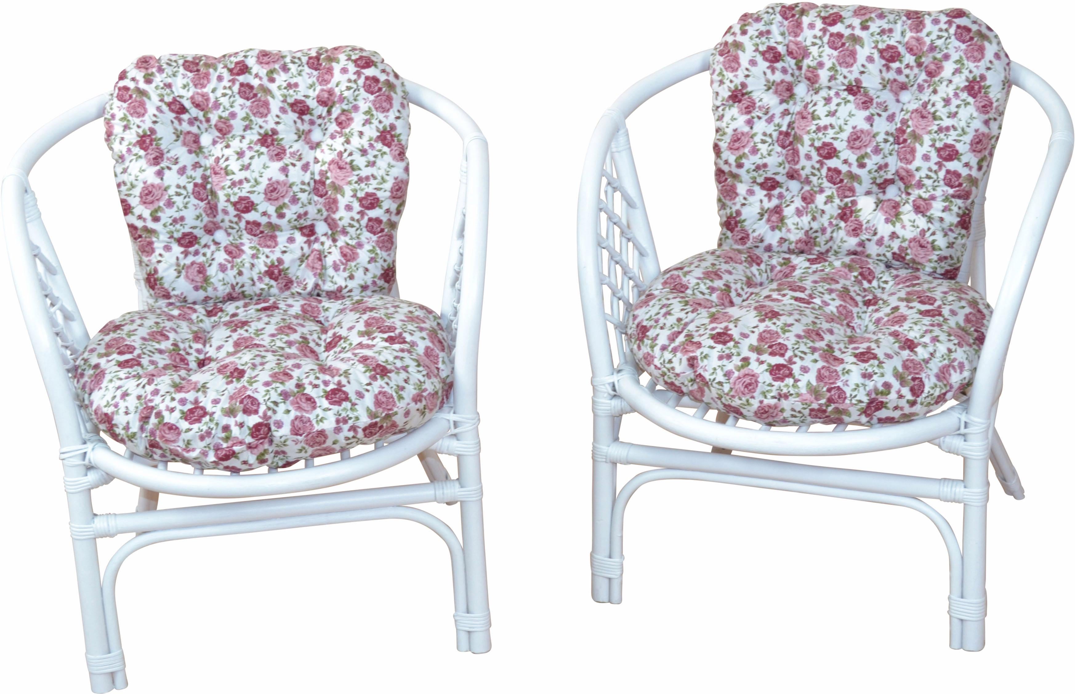 Rattanstuhl HOME AFFAIRE "Rattansessel", weiß (weiß, blume), Das hell lackierte Gestell sowie Sitz- und Rückenpolster mit einem attraktiven Röschenmuster verleihen dem »Rattansessel« von Home affaire sein romantisches Flair. Geliefert wird er im...