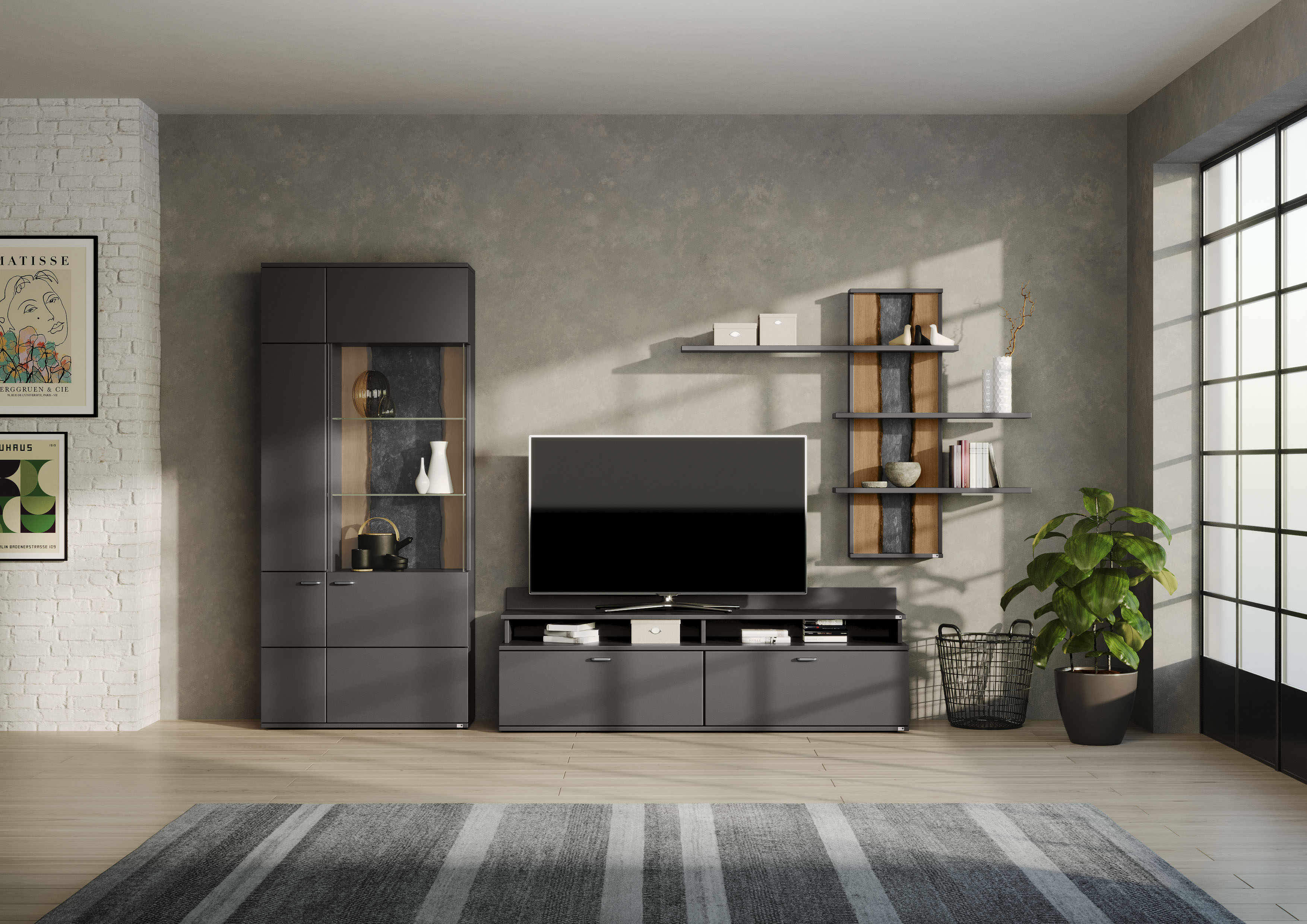 Wohnwand "TACOMA", grau (grafit matt), SET ONE BY MUSTERRING, Kastenmöbel-Sets, Typ 01, mit Wandregal