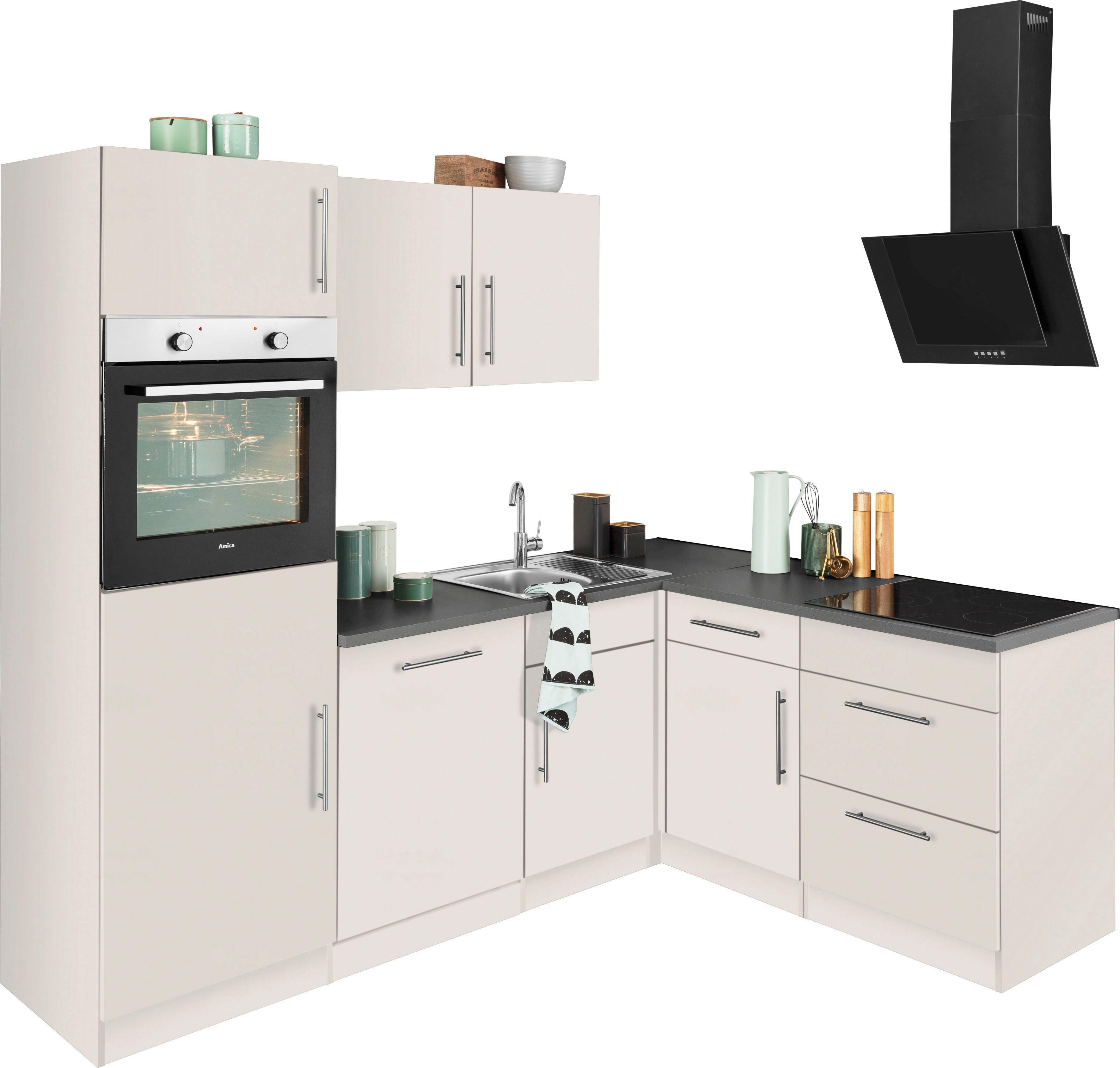 Winkelküche WIHO KÜCHEN "Cali", beige (küche: natur, korpus: cashmerefarben, arbeitsplatte: granit grau), B/H/T: 230cm x 170cm, Komplettküchen-Sets, ohne E-Geräte, Stellbreite 230 x 170 cm Image