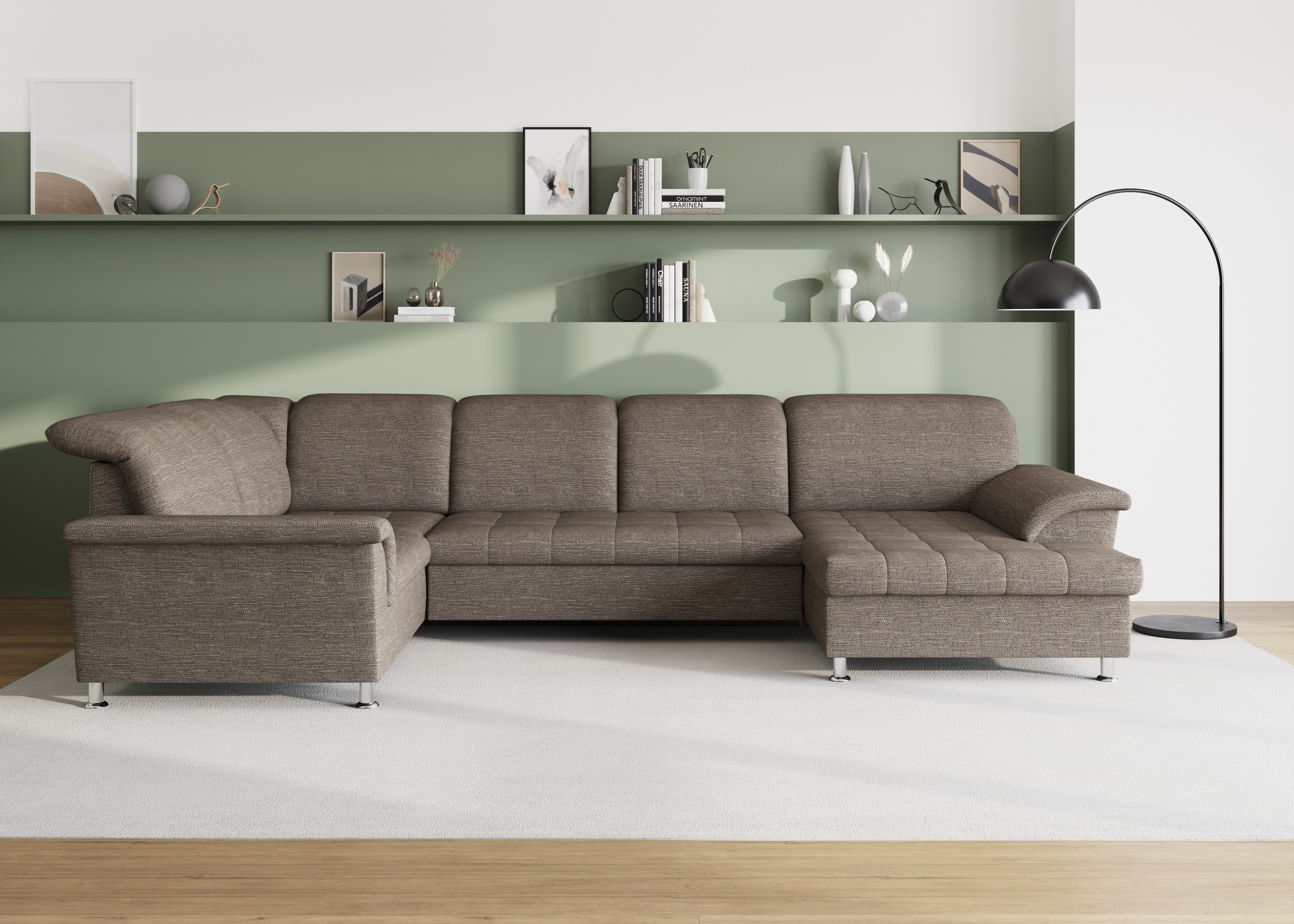 Wohnlandschaft DOMO COLLECTION "Franzi optional mit Bettfunktion, Bettkasten & Kopfteilverstellung", beige (beige, braun), B:344cm H:81cm T:206cm, Flachgewebe (100% Polyester);Chenille (100% Polyester), Sofas, Wohnlandschaft, U-Form, Recamiere...