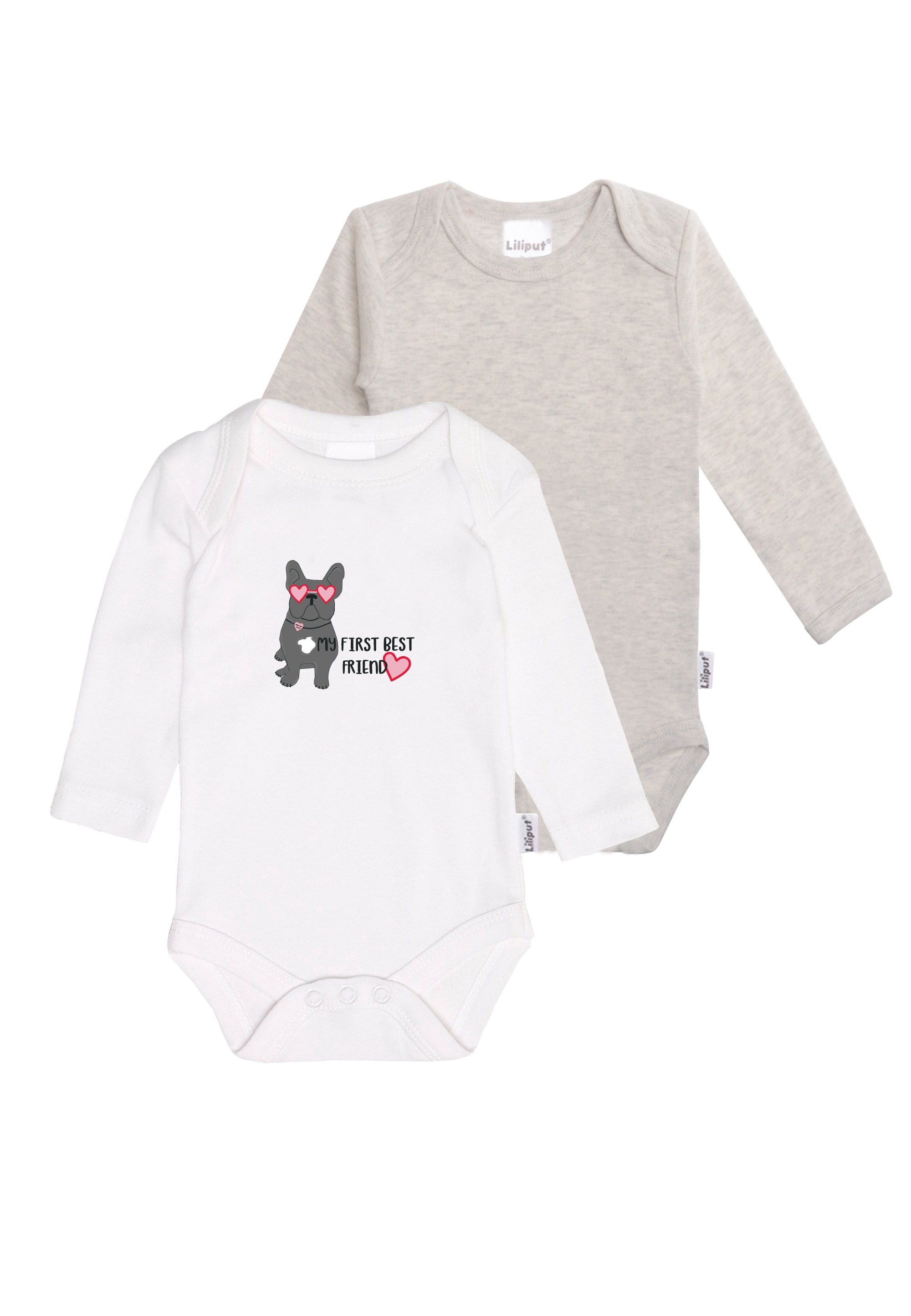 Body LILIPUT, Jungen, Gr. 50/56, EURO-Größen, grau (grau, weiß), 100% Baumwolle, bedruckt, kurz, Bodys Body, 2er-Pack mit weitem Halsausschnitt