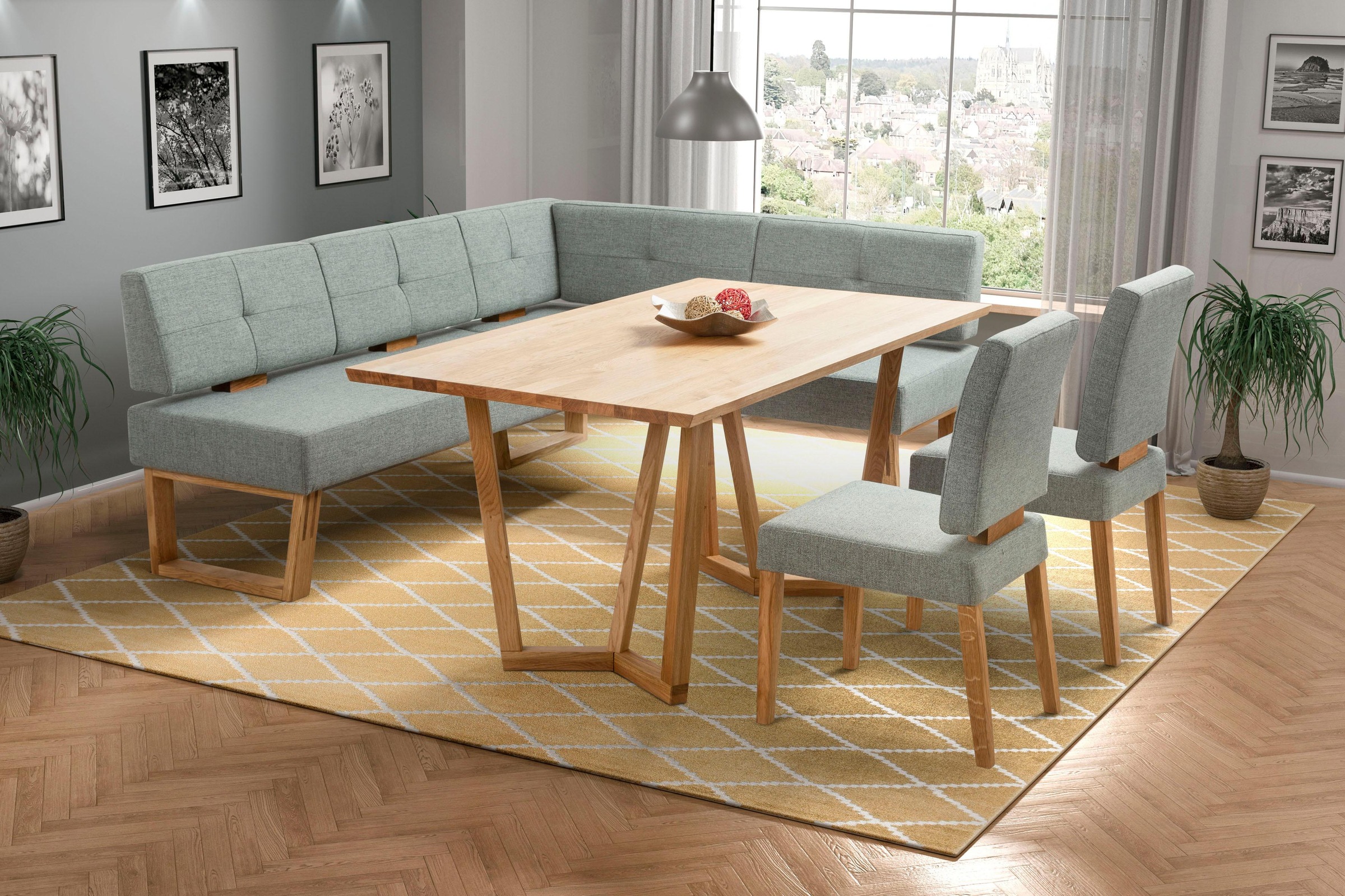 Eckbankgruppe HOME AFFAIRE "Ponza Eckbank Küchenbank BESTSELLER", blau (türkis, eiche geölt,), langer Schenkel links, Sitzmöbel-Sets, Sitzgruppe Esszimmer Stühle Tisch und Bank bequem gepolstert