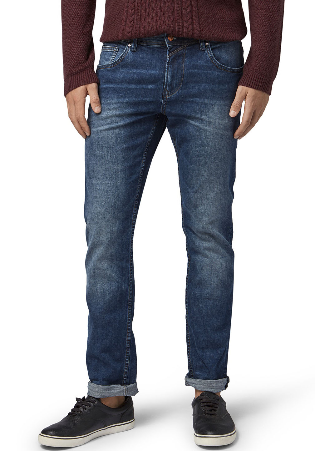 Straight-Jeans TOM TAILOR DENIM "AEDAN", Herren, Gr. 32, Länge 32, blau (mid blau), Denim/Jeans, Obermaterial: 99% Baumwolle, 1% Elasthan, straight fit, Jeans Straight-Jeans