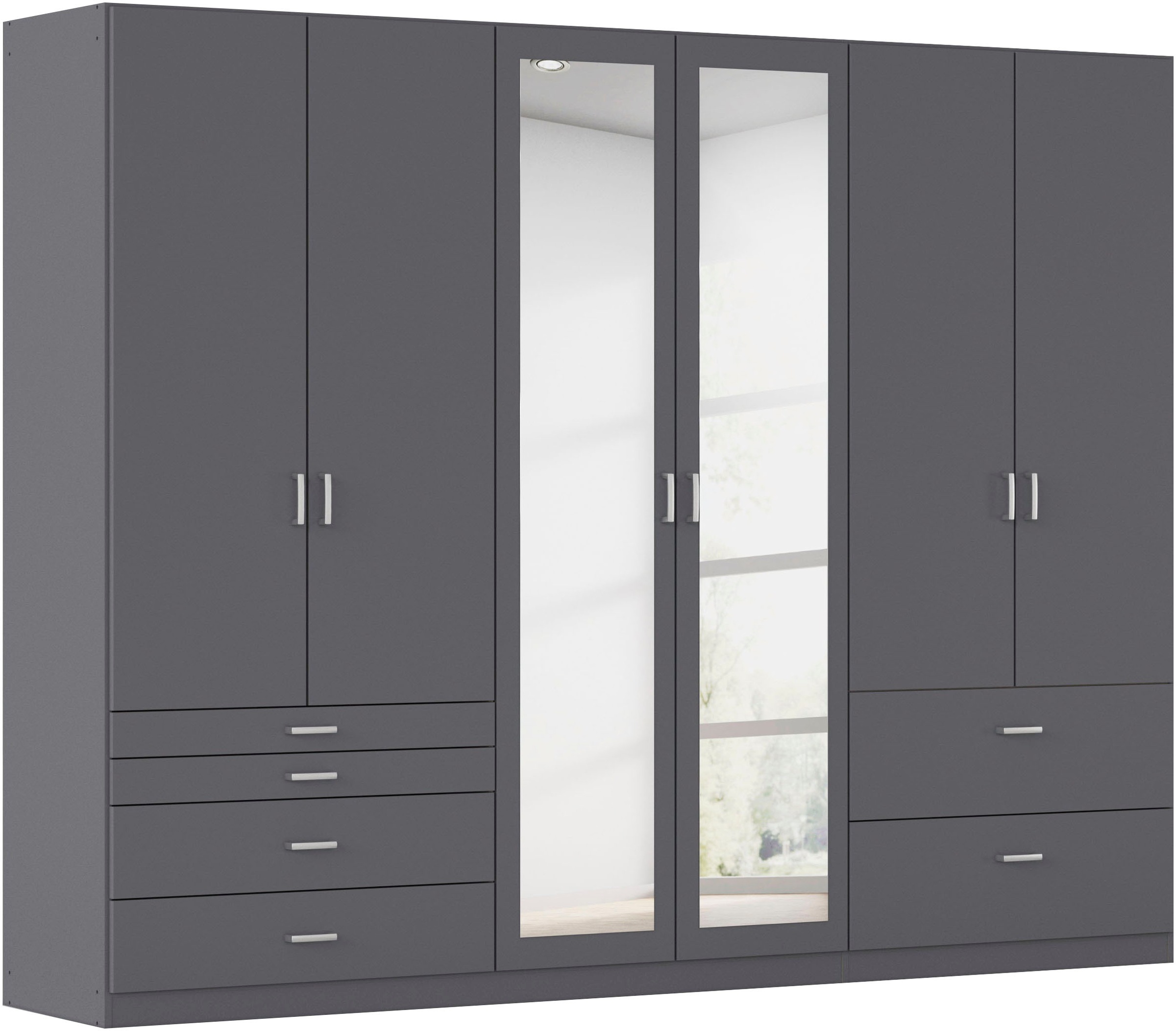 Kleiderschrank RAUCH "Kleiderschrank Schrank Garderobe Wäscheschrank WILDBERG", grau (graumetallic), B:271cm H:210cm T:54cm, Holzwerkstoff, Schränke, Kleiderschrank, mit 6 Schubladen, obere Schublade mit Holz-Einteilung MADE IN GERMANY
