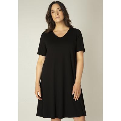 Shirtkleid BASE LEVEL CURVY "Abernathy", Damen, Gr. 52, N-Gr, schwarz, Jersey, Obermaterial: 94% Viskose, 6% Elasthan, unifarben, Basic, figurumspielend, V-Ausschnitt, Kurzarm abnehmbar, Kleider, In leicht ausgestellter Form Image